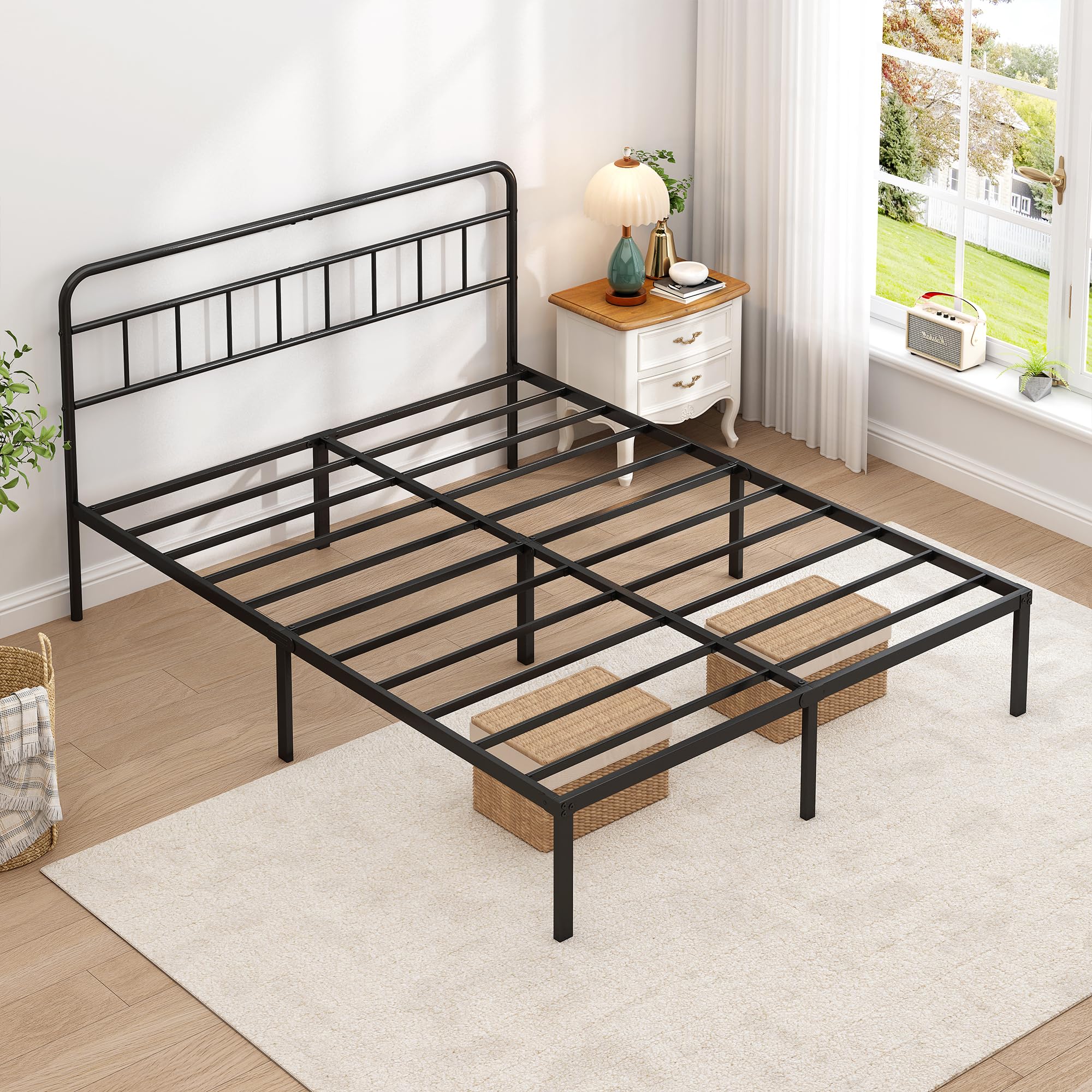 Metal Platform Bed Frame with Headboard & Under-Bed Storage