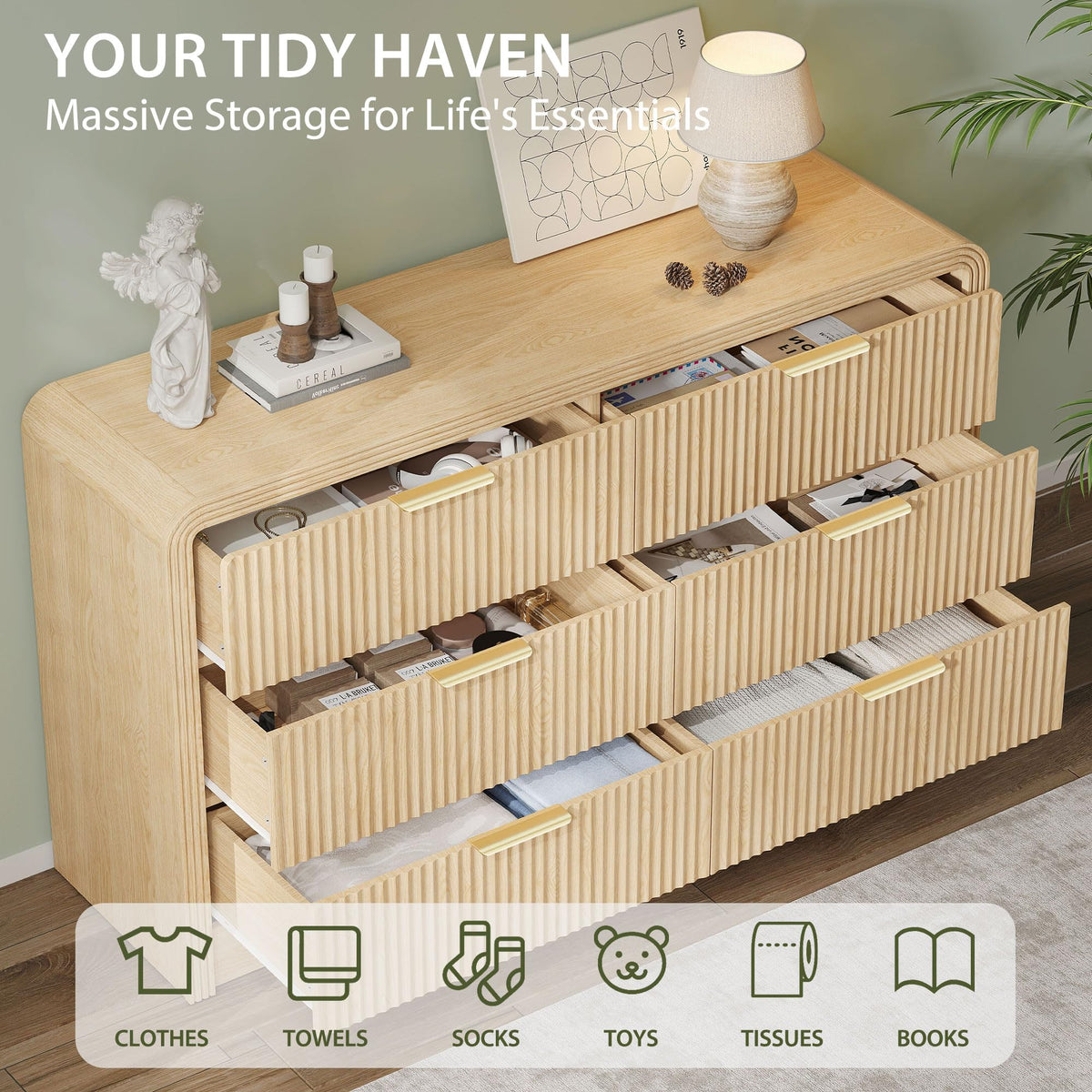 Decofy 3-Piece Bedroom Set, 6-Drawer Dresser & 1-Drawer Nightstands Oak