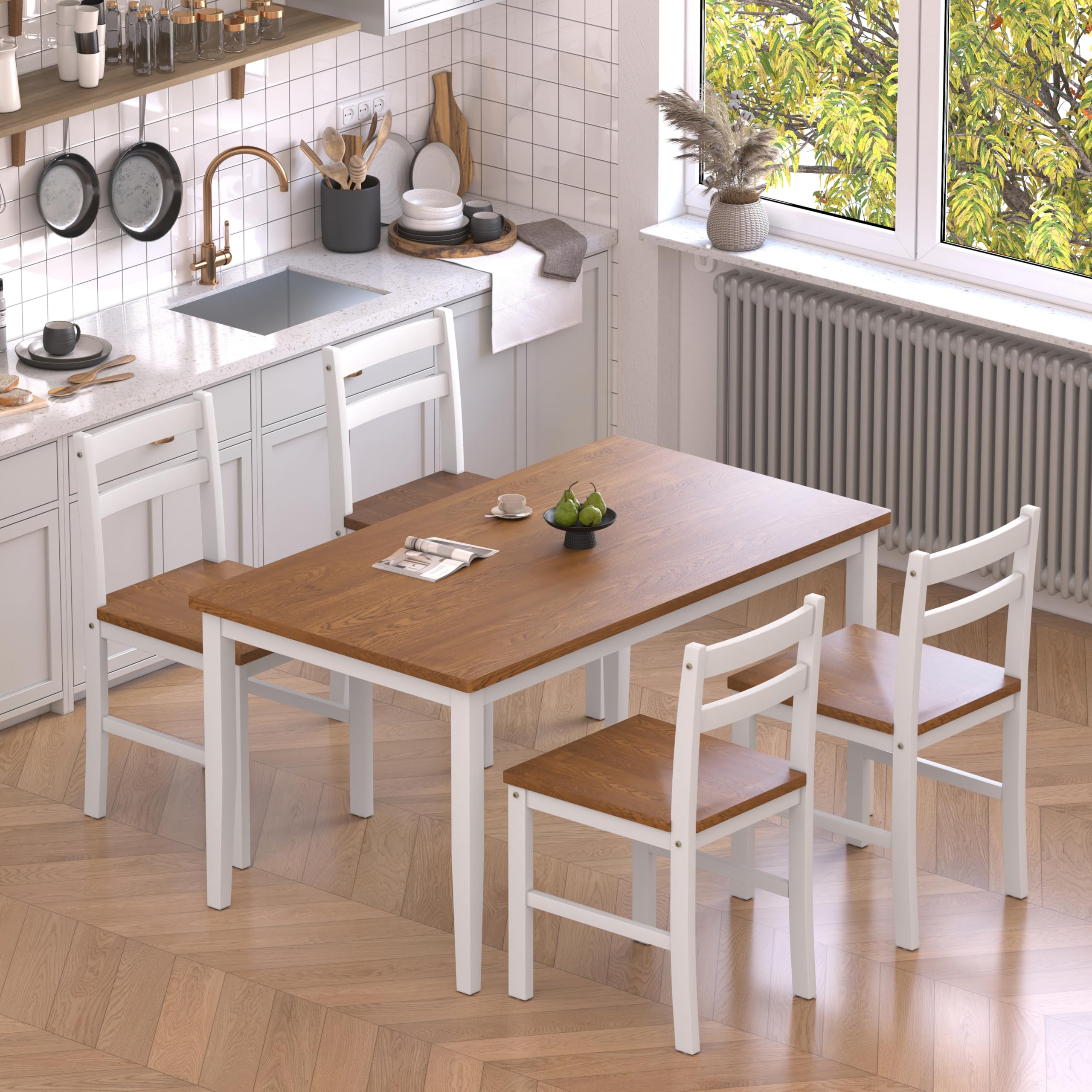 5-Piece Solid Wood Dining Table Set with 4 Chairs