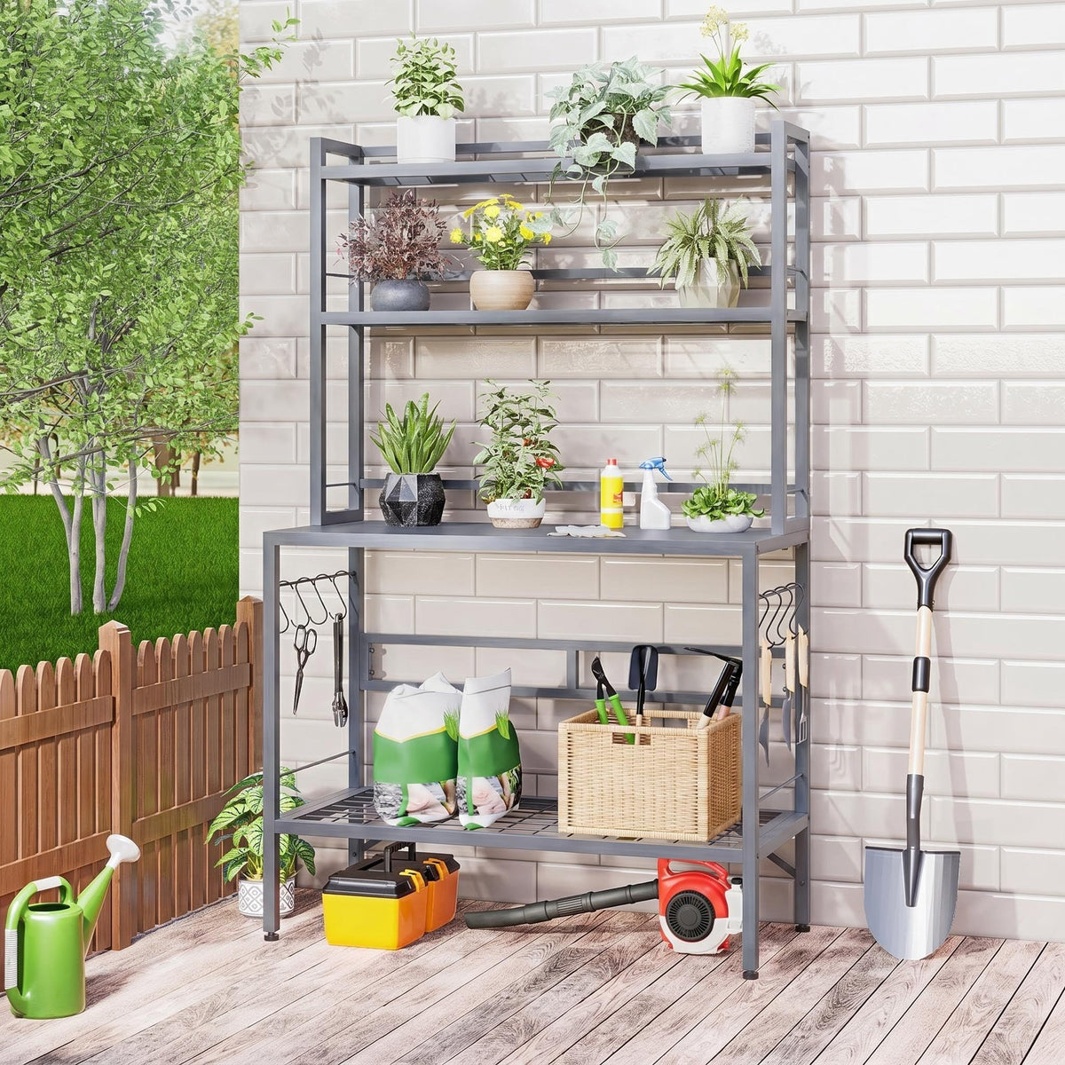 FUXJUM Outdoor Potting Bench Table with Storage, 4-Tier Garden Workstation