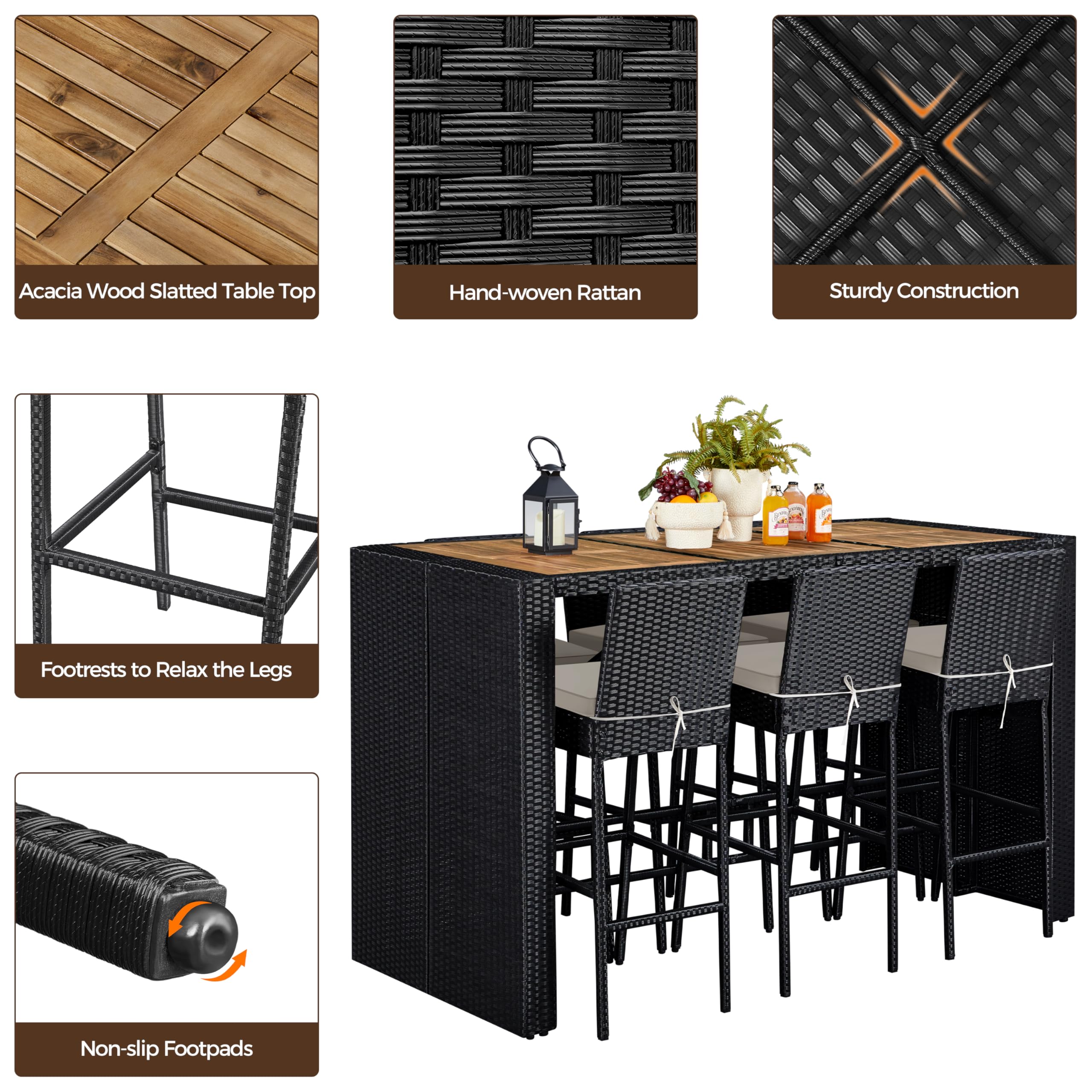 Yaheetech 7 Piece Patio Dining Set Outdoor Acacia Wood Bar Table and Chairs with Removable Cushions, Wicker Furniture Set for Deck, Backyard, Garden, Black/Beige