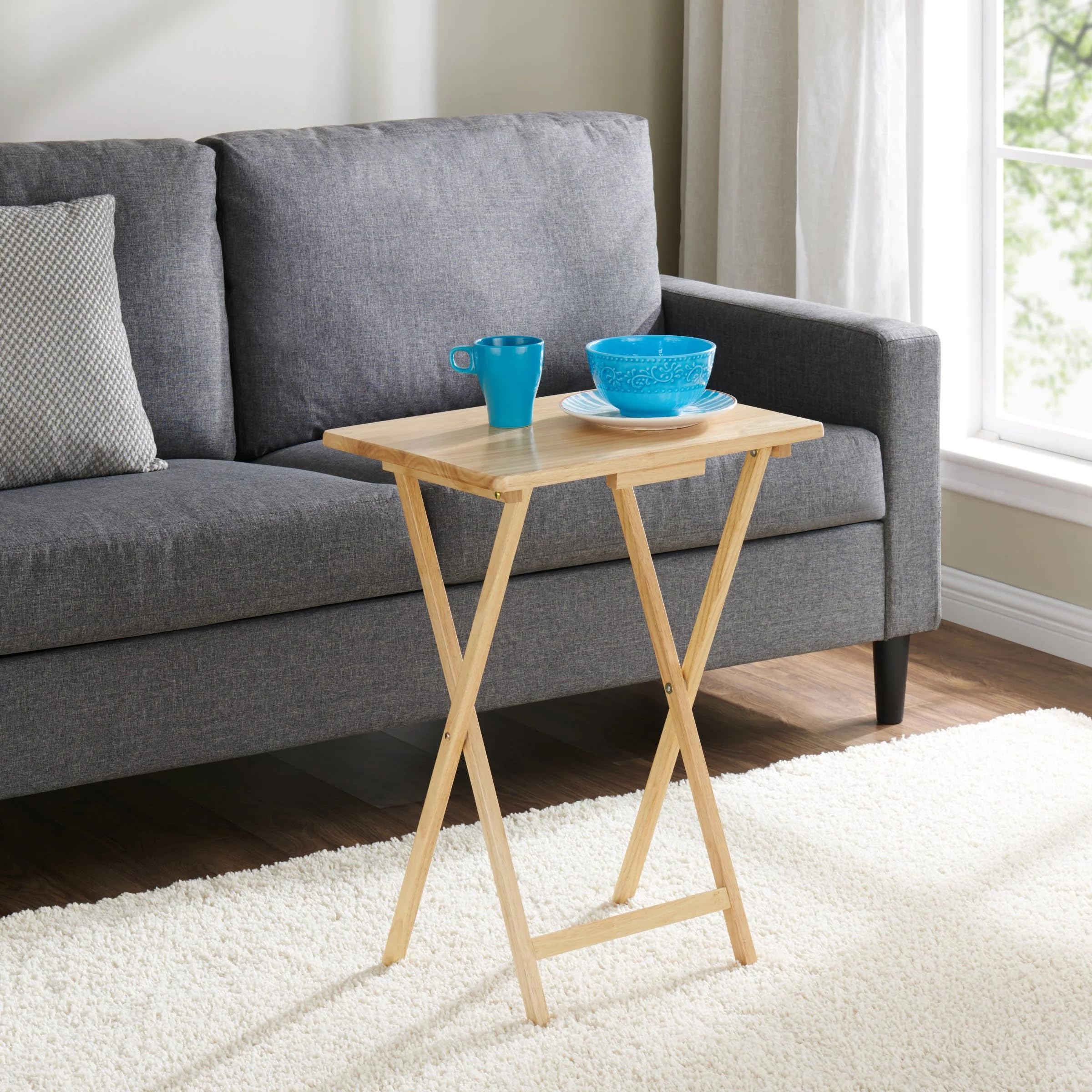 Rubberwood Folding Tray Table Set (2-Piece), Natural Wood Finish, Dimensions: 19 x 14.5 x 26 inches, Portable, Space-Saving, Snack Table, Picnic Table, No Assembly Required