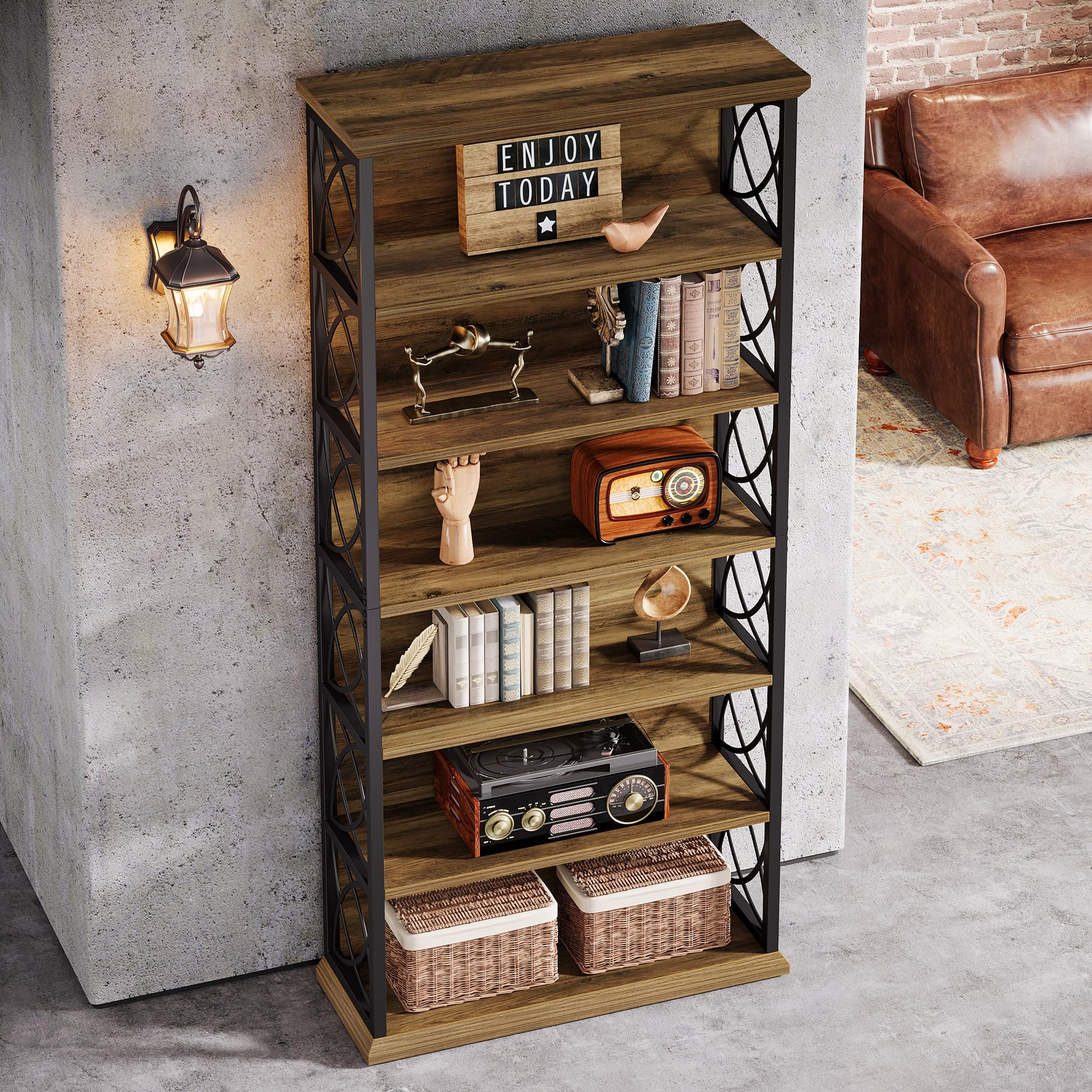 6-Tier Industrial Bookcase with Open Shelves