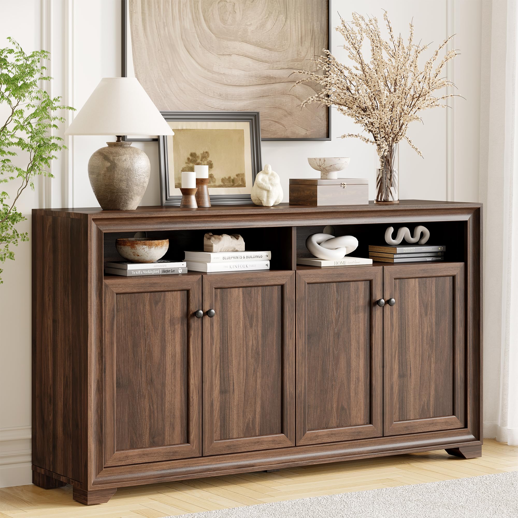 ONBRILL 60 Inches Sideboard Buffet Cabinet with Storage, 4 Doors Large Sideboard, Kitchen Cabinet with Open Shelf & Adjustable Shelf, Kitchen Coffee Bar Console Table for Living Room, Hallway, Brown