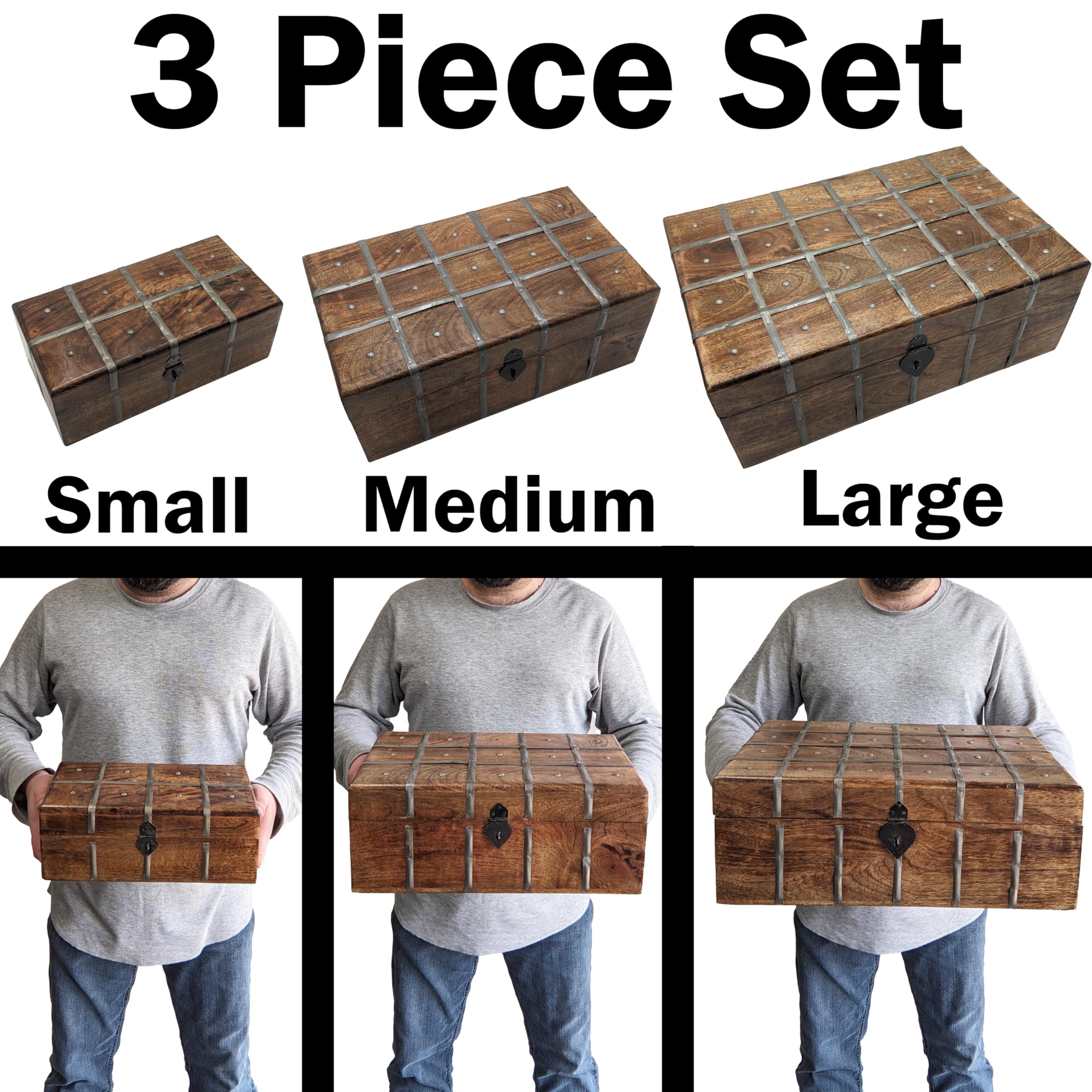 SciencePurchase Set of 3 Nesting Wooden Pirate Treasure Chests (Small, Medium, and Large), Hinged Storage Boxes Decorated with Grey Metal Accents, Black Hasps for Locks