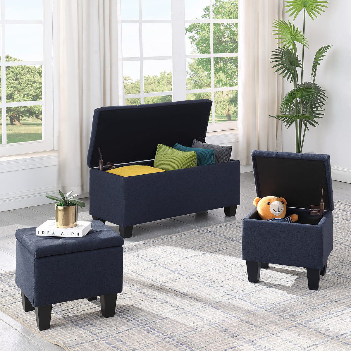 Tassullo Set of 3 Hinged Storage Ottoman, 38'' Ottoman Bench with Storage and Thick Seating, End of Bed Bedroom Bench Window Bench with 2pcs Small Foot Rest (Blue - Fabric)