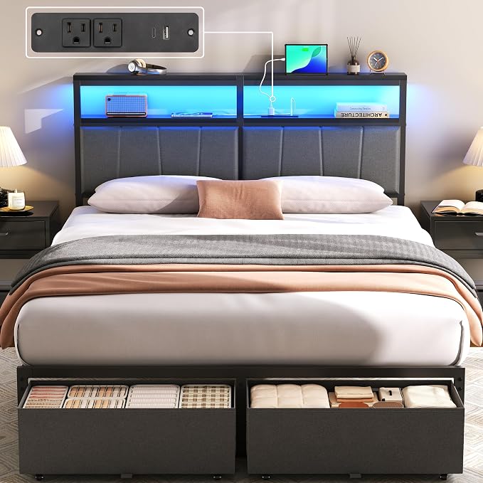 Queen Storage Bed Frame with Charging Station