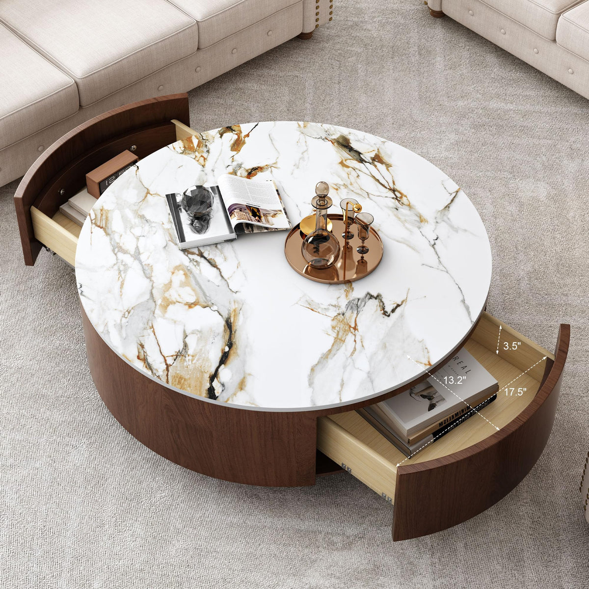 Round Stone Coffee Table with Drawers