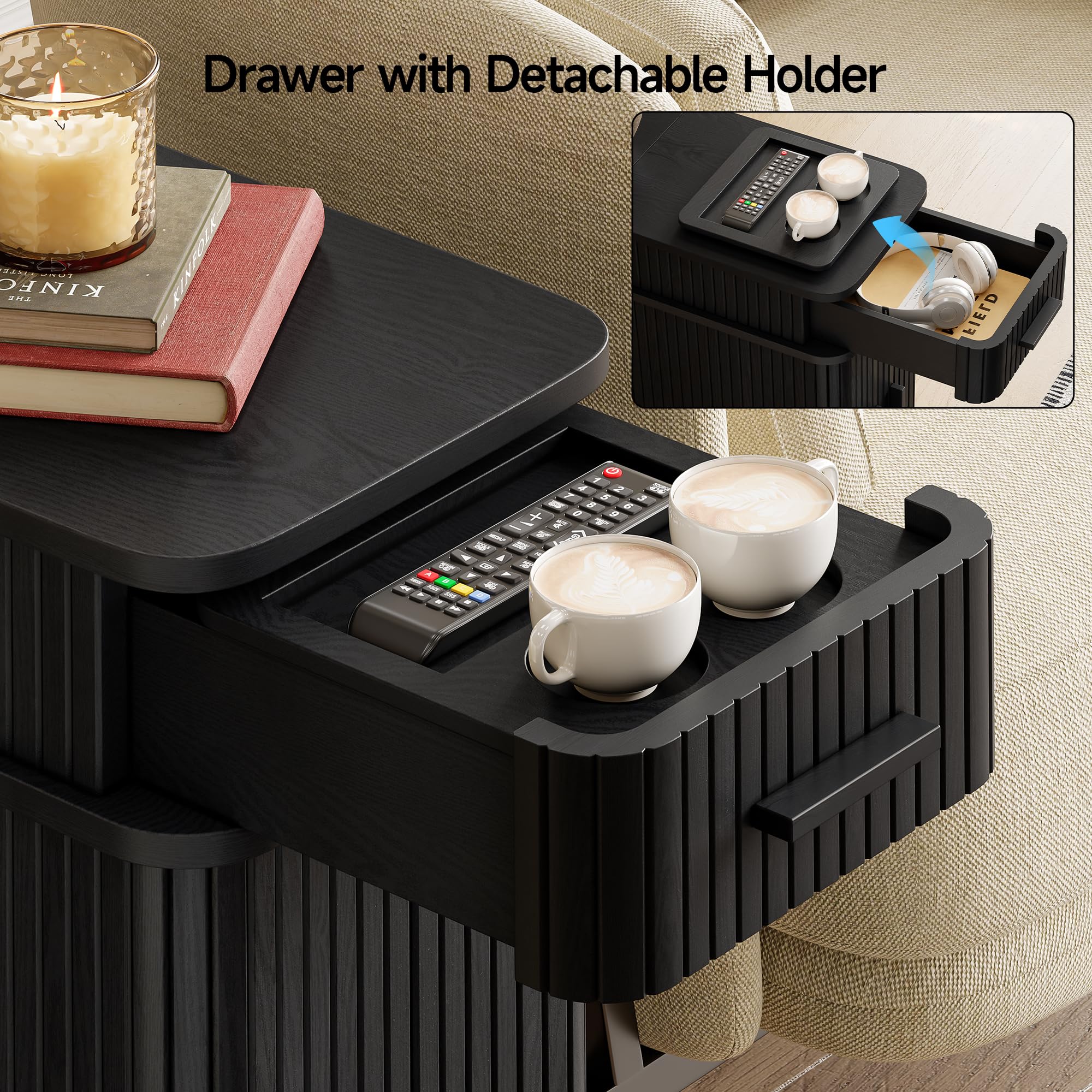 Fluted End Table with Charging Station & Storage