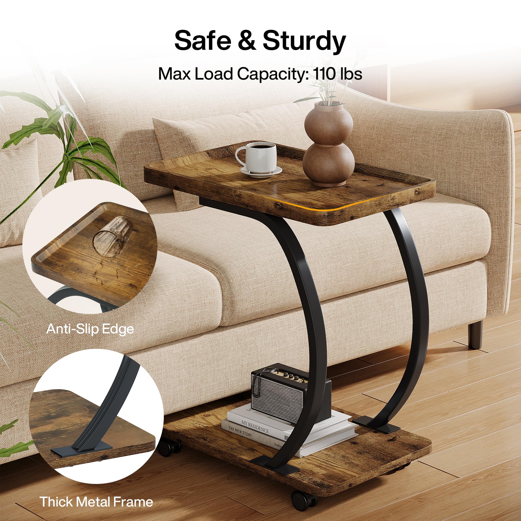 C-Shaped End Table Set of 2 with Wheels