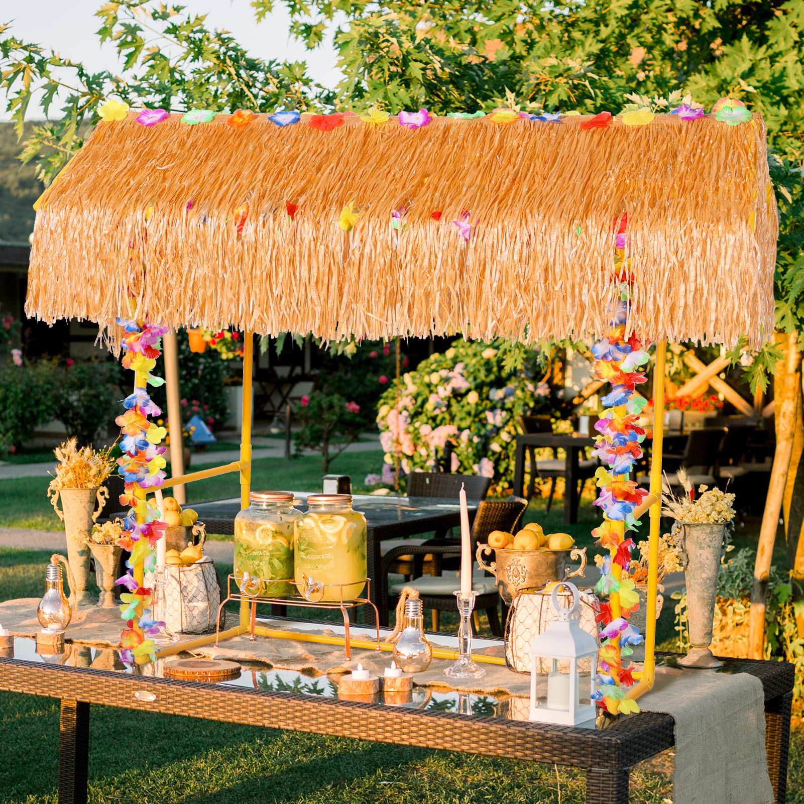 Auihiay Tiki Bar Hut, Tiki Bar Kit Includes Reusable Tiki Bar, Luau Party Flower Garland and Table Skirt for Summer Party, Luau Party Decorations