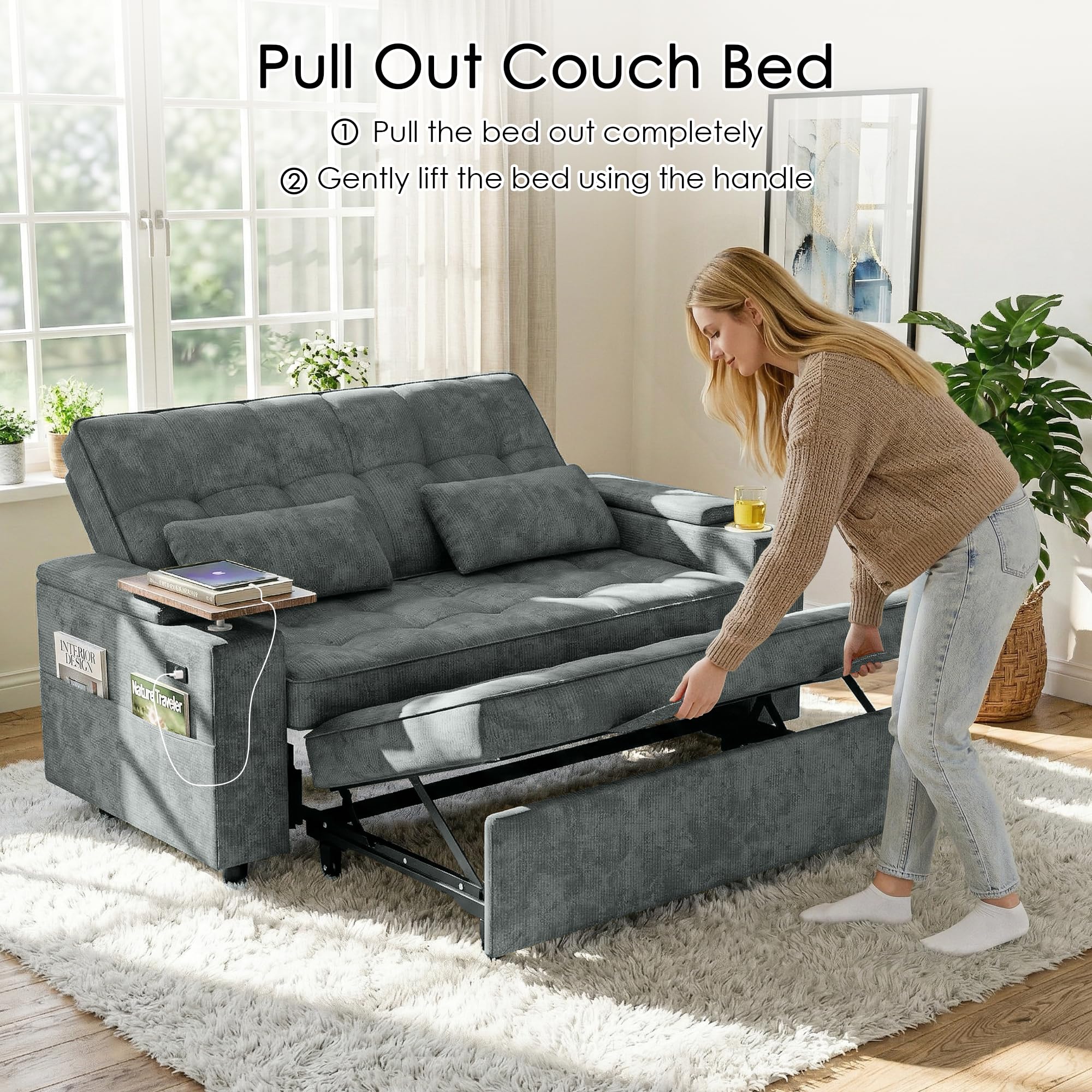 Convertible Sleeper Sofa Bed with USB Charging & Storage