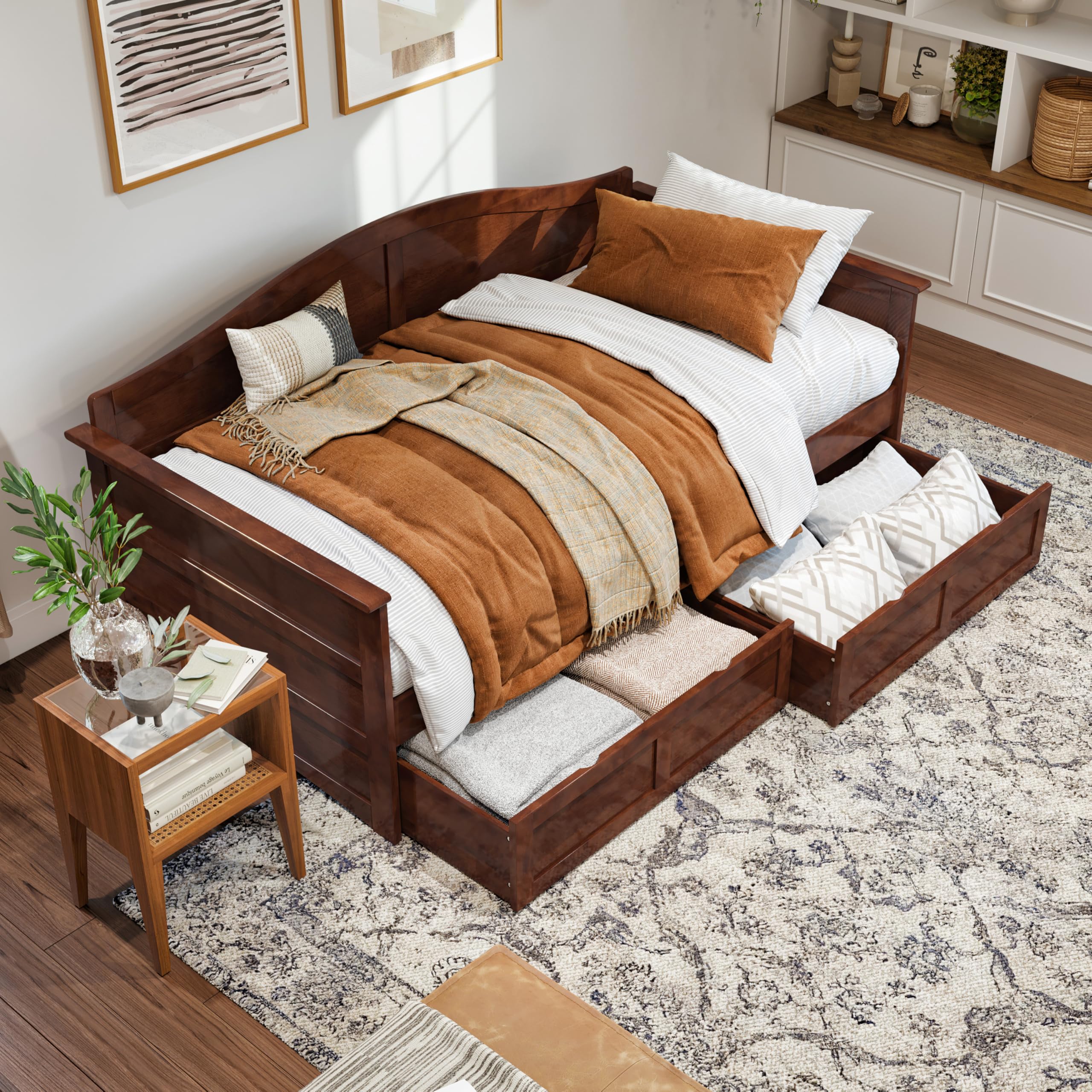 AFI, Acadia Twin Size Wood Daybed Frame with 2 Storage Drawers, Walnut (Brown)