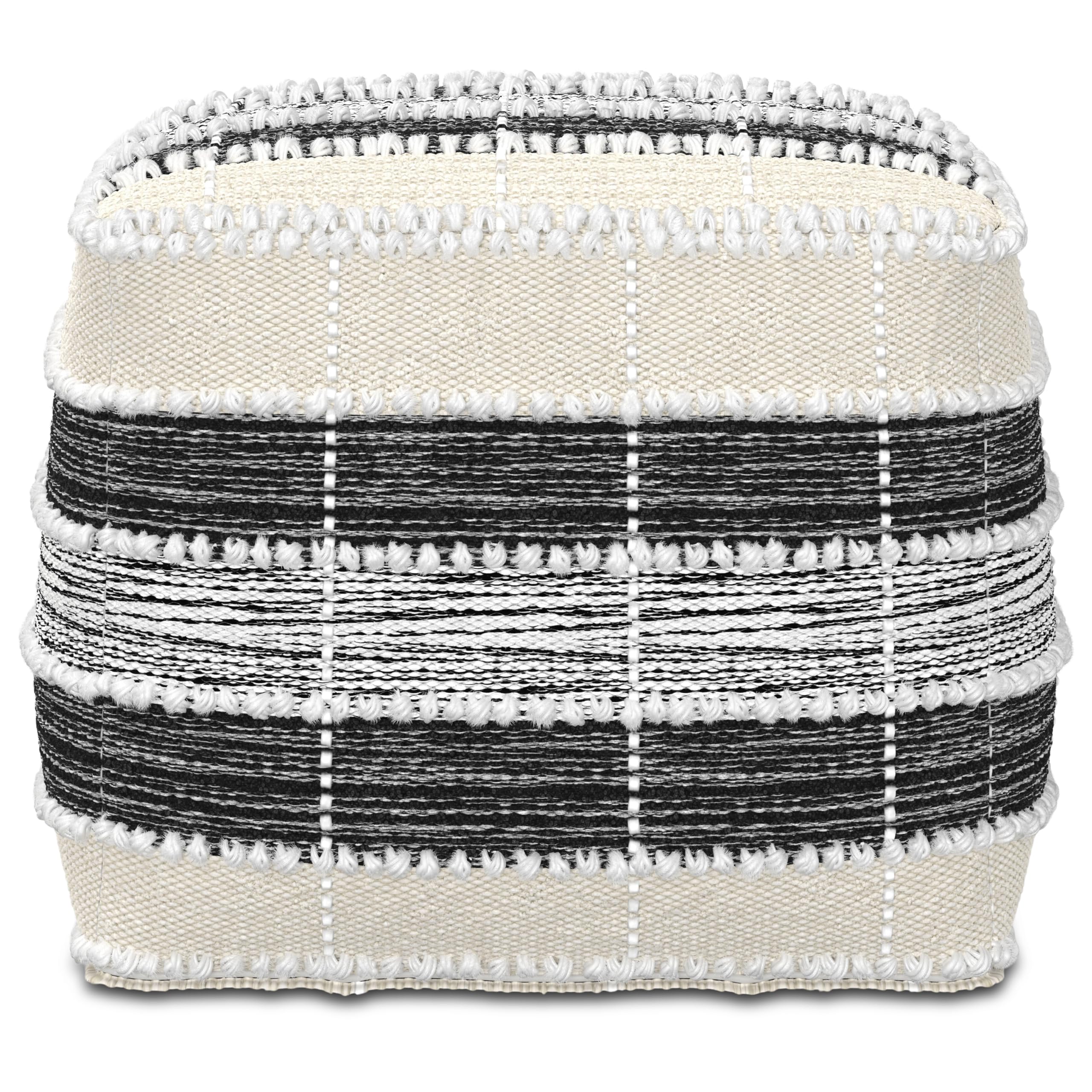 SIMPLIHOME Barley Square Pouf - 18 inch Wide Handcrafted Woven Polyester Pouf in White, Beige and Black, Boho Footstool or Extra Seating for Living Room or Patio with Polystyrene Filling, Assembled