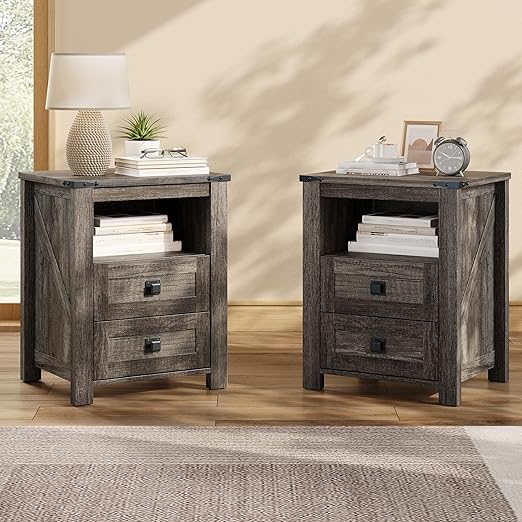 Farmhouse Nightstand Set of 2 with Drawers & Open Shelf