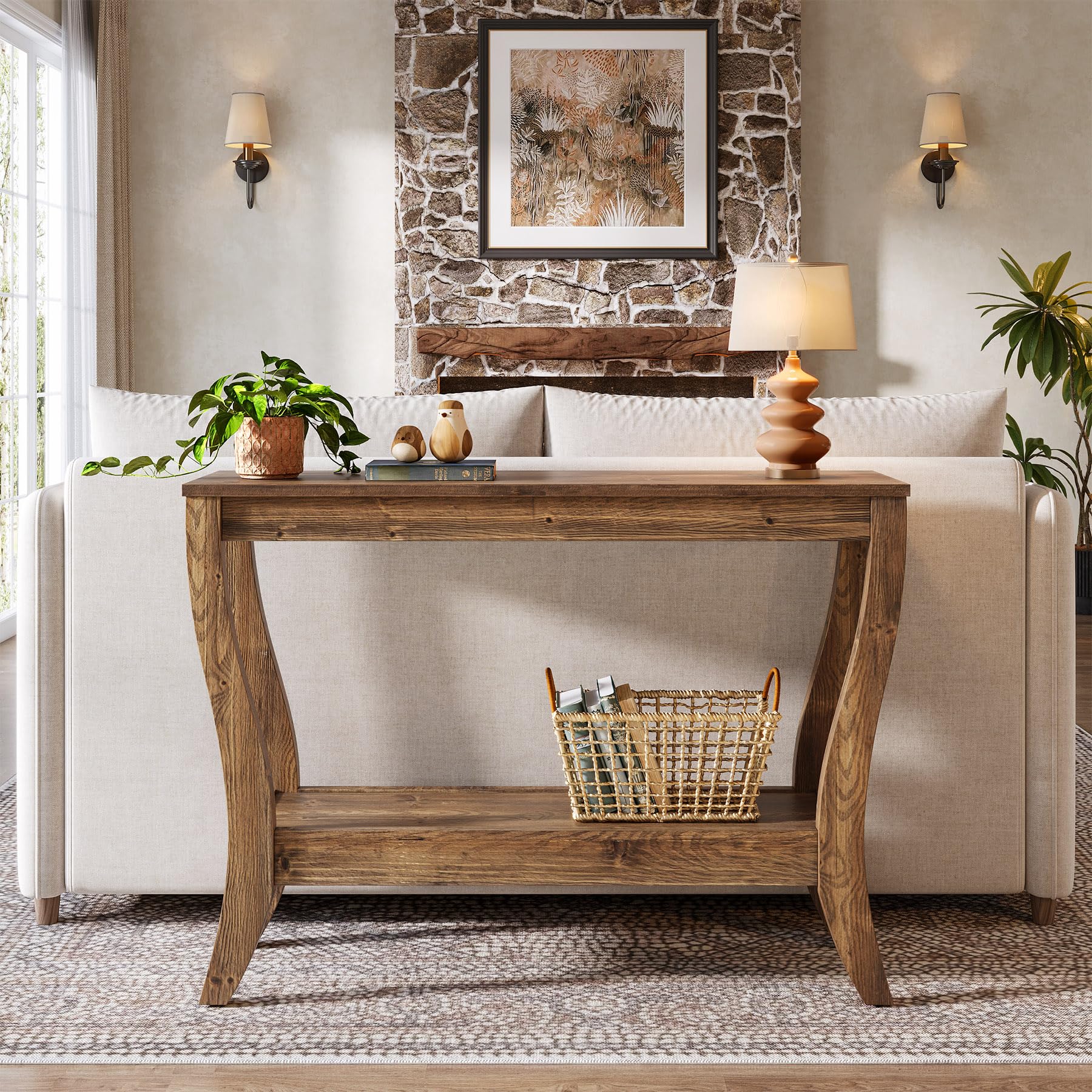 2-Tier Solid Wood Console Table with Shelf
