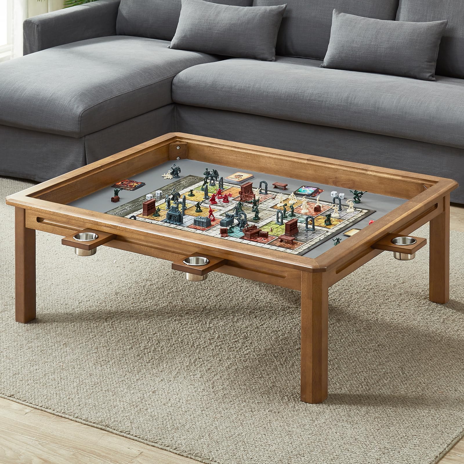 Board Game Coffee Table with Removable Table Top, Seats 4 Players with 3ft-7in x 2ft-9in Play Area, Includes Play Mat and Detachable Cup Holders, Minimal Assembly Required