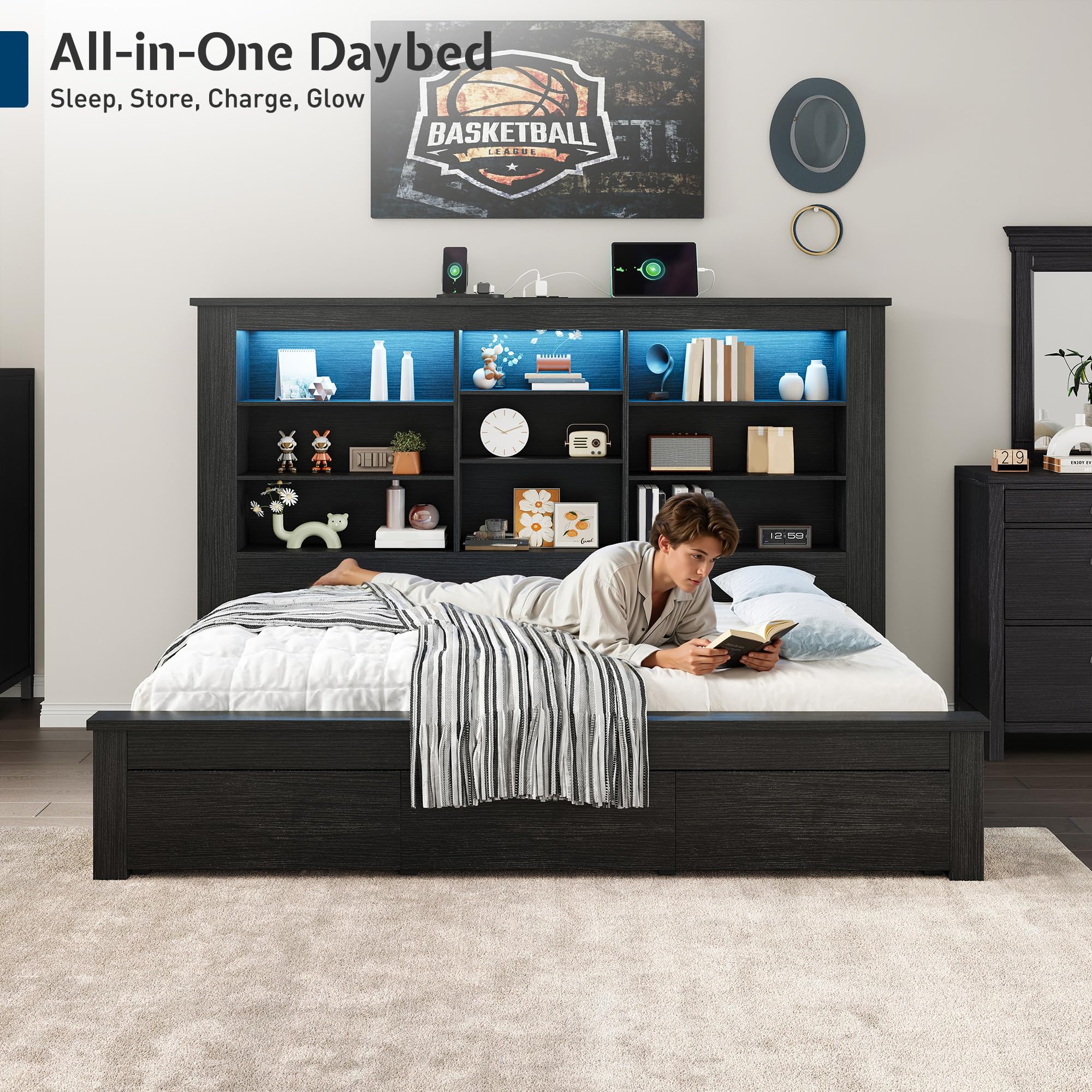 Jocisland Twin Bed Frame with Storage Drawers, Bookcase Headboard, USB Charging, RGB Lights, Farmhouse Wood Daybed, No Box Spring Needed, Black