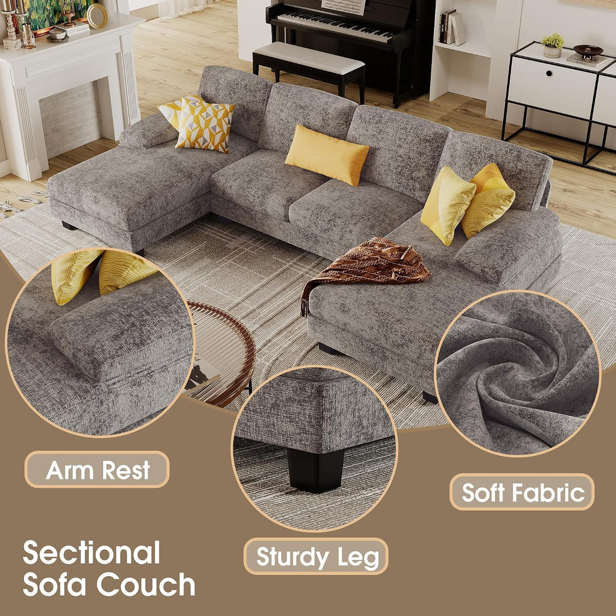 Furmax Sectional Couches for Living Room, Chenille, Grey