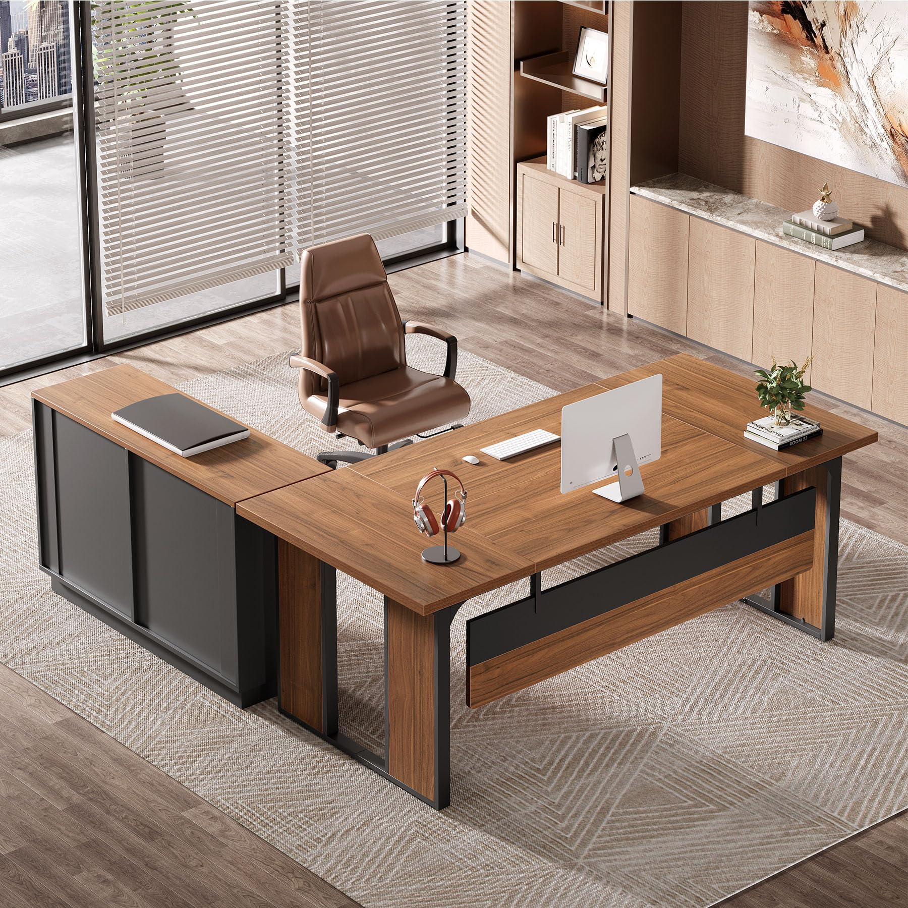 L-Shaped Executive Desk with 3-Drawer Filing Cabinet
