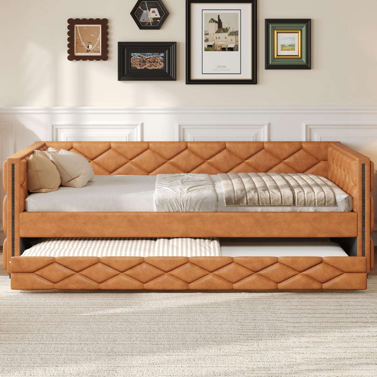 Waifahlo Full Size Trundle Beds, Upholstered Daybed with LED Armrests