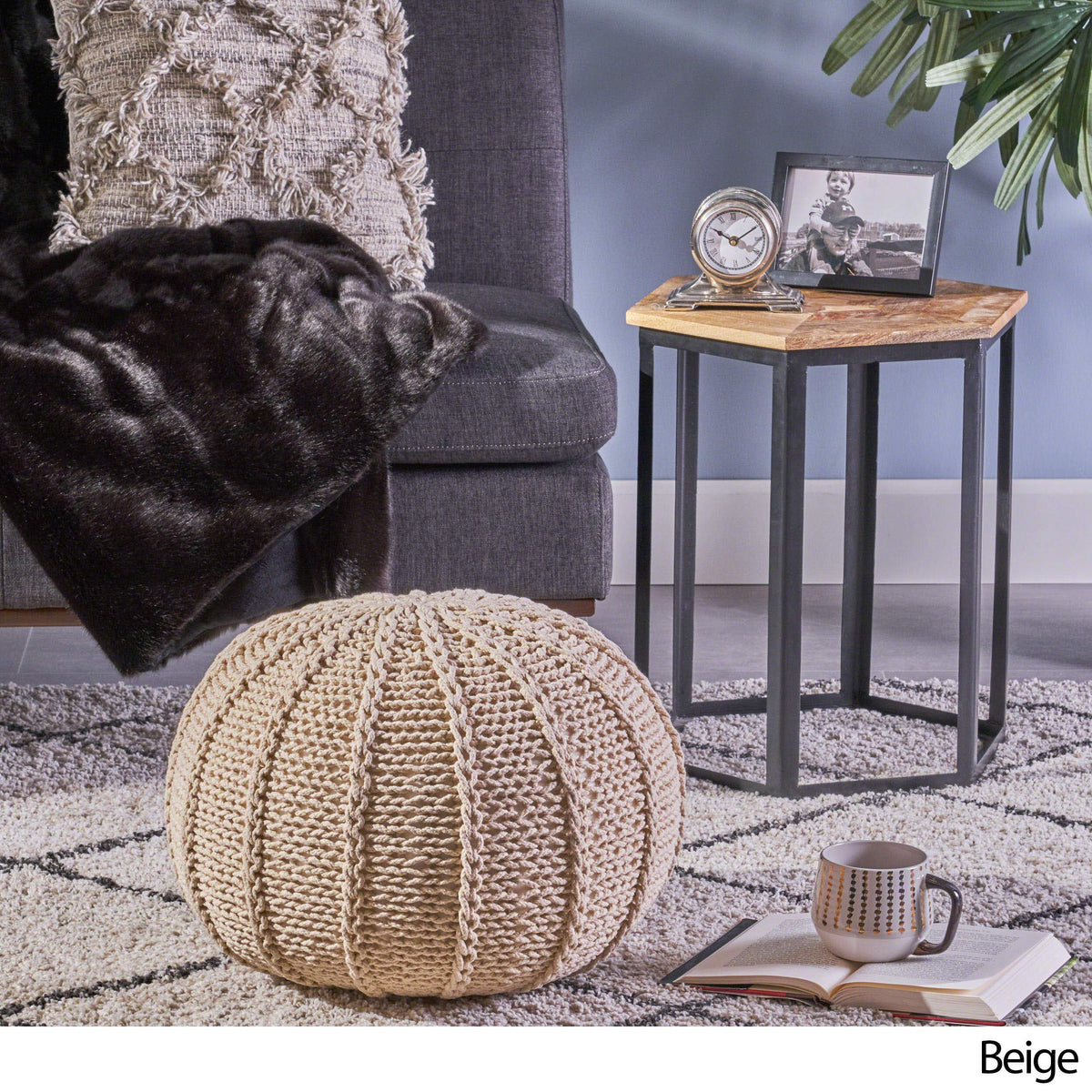 Christopher Knight Home Agatha Knitted Cotton Pouf, Beige Small