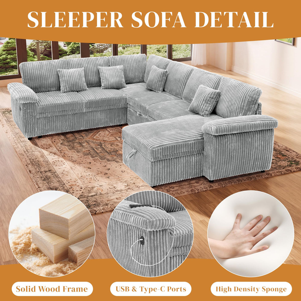 Poblink Modular Sectional Sleeper Sofa with Pull Out Bed, 104" U Shaped 7 Seat Cloud Sectional Couches for Living Room, Comfy Corduroy Couch Sofa Bed with Storage Chaise, USB Charging, Light Grey