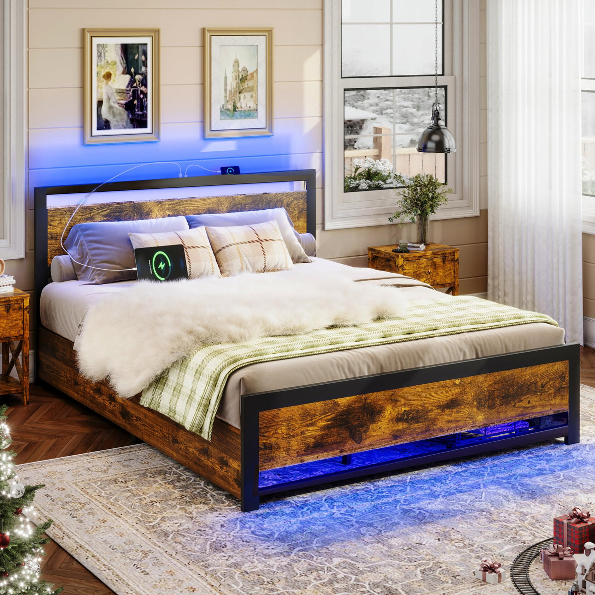 Ailisite Queen Size Bed Frame with Headboard & 4 Storage Drawers, Metal Platform Bed Frame Queen Size with Charging Station,Wood Queen Bed with LED Lights,No Box Spring Needed,Noise Free,Rustic Brown