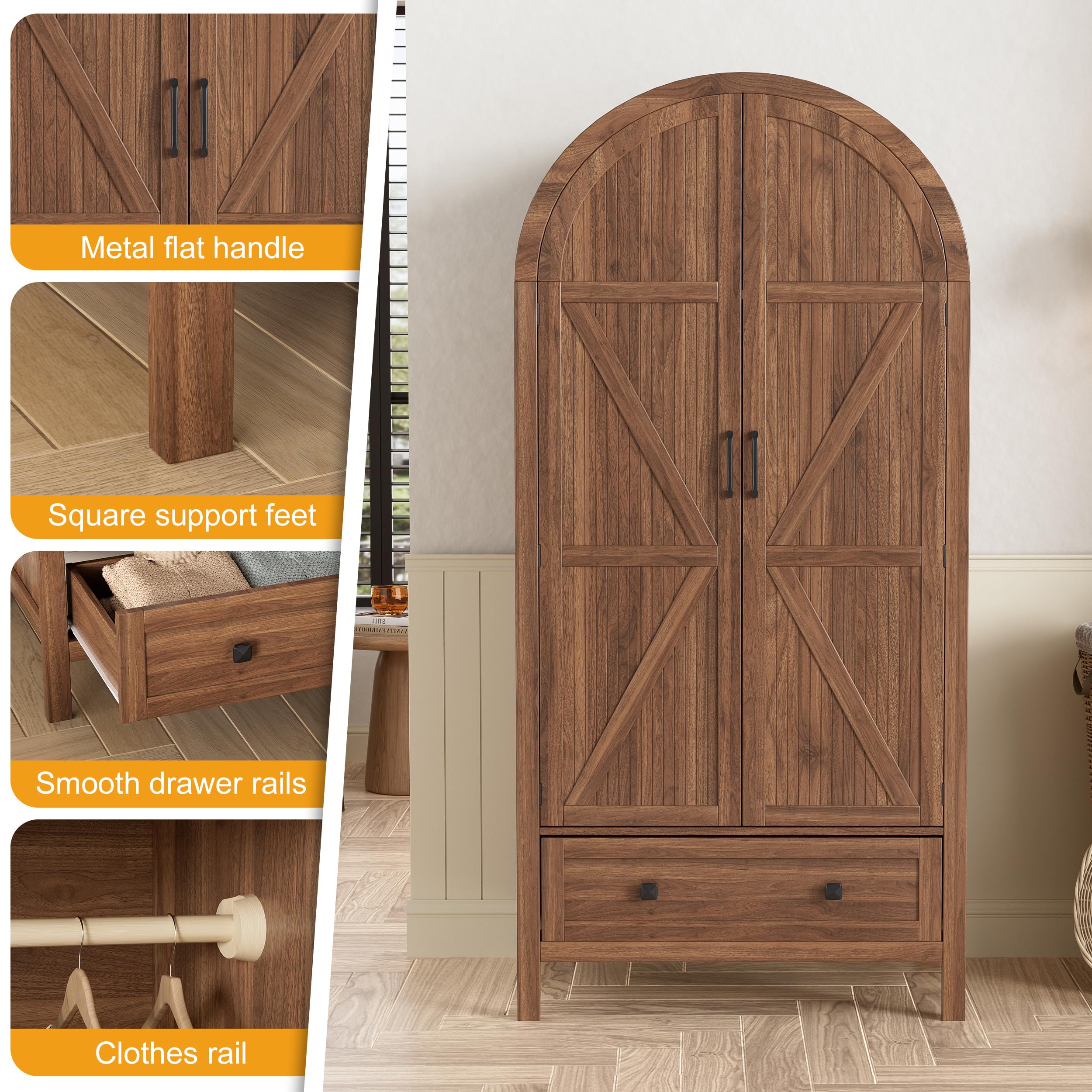 PAKASEPT Armoire Wardrobe Closet with Drawers and 2 Arched Fluted Doors, 70.9‘’ Tall Wooden Bedroom Armoires with LED Light & Shelves and Hanging Rod(Brown)