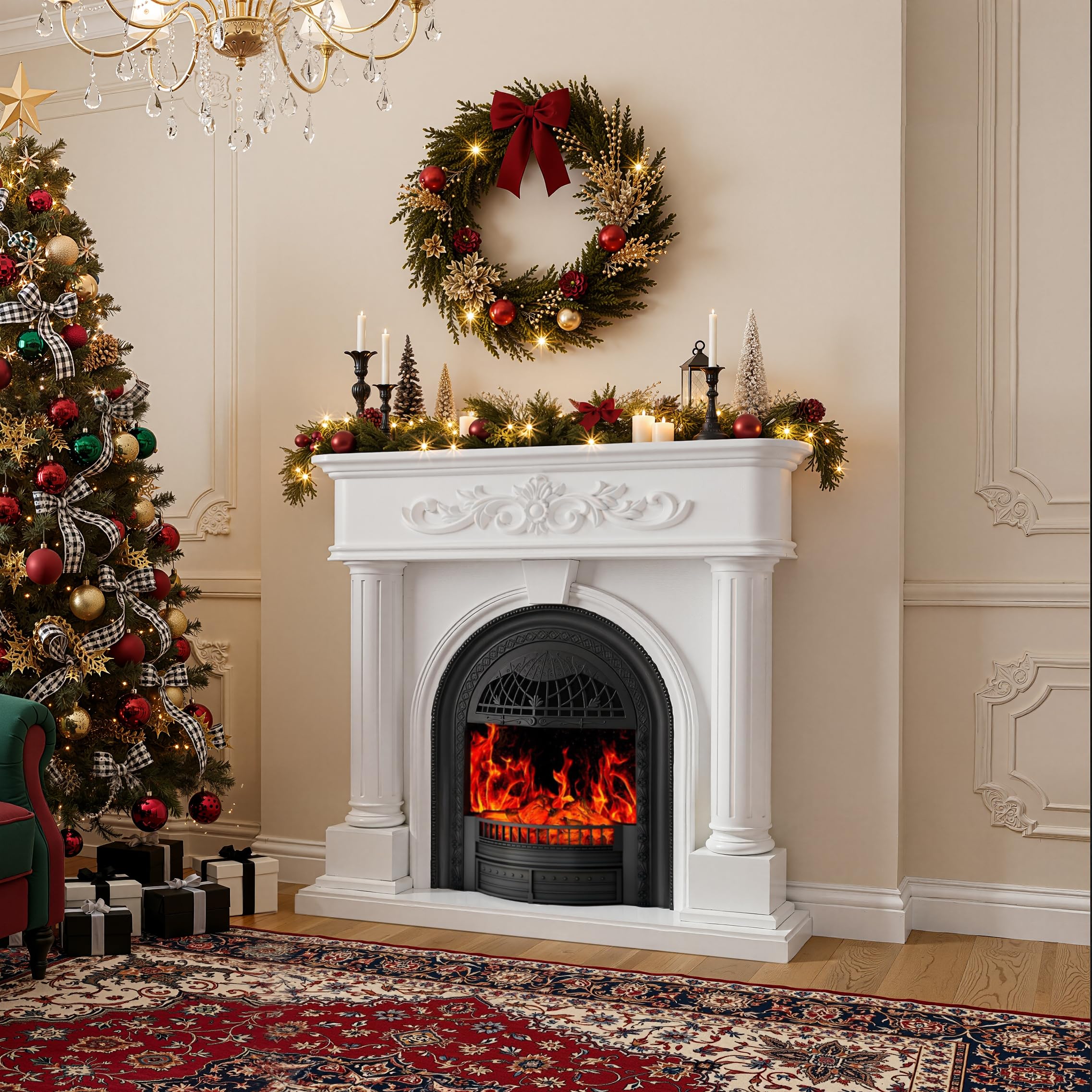 50” Solid Wood Electric Fireplace with Mantel, White Roman Column TV Stand with Black Arched Birdcage Heater Insert, Elegant Fireplace for Living Room, Bedroom & Entryway
