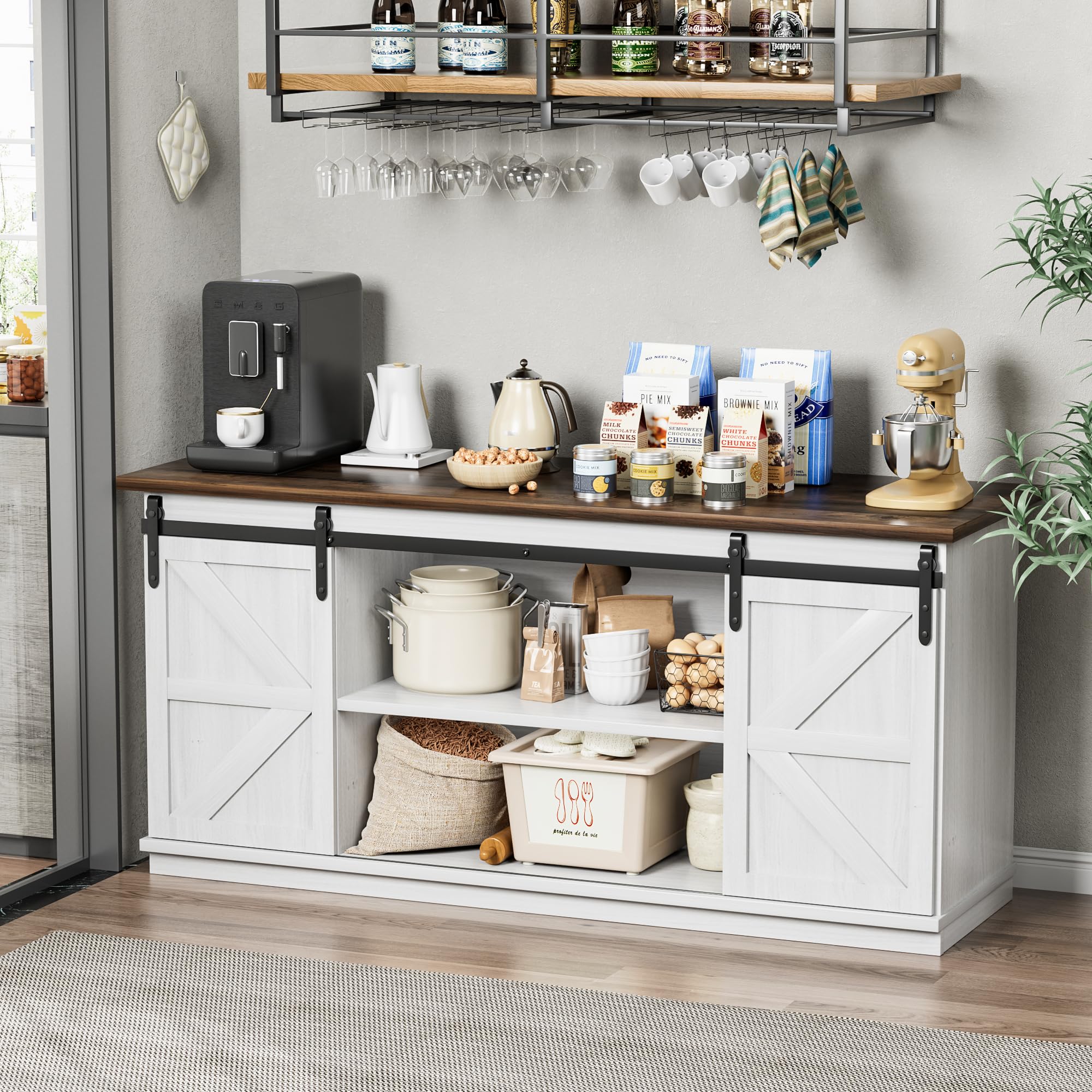 Shahoo Farmhouse Sideboard Buffet Cabinet, Coffee Bar Storage with Sliding Barn Doors, Shelf for Home Dining Room, White