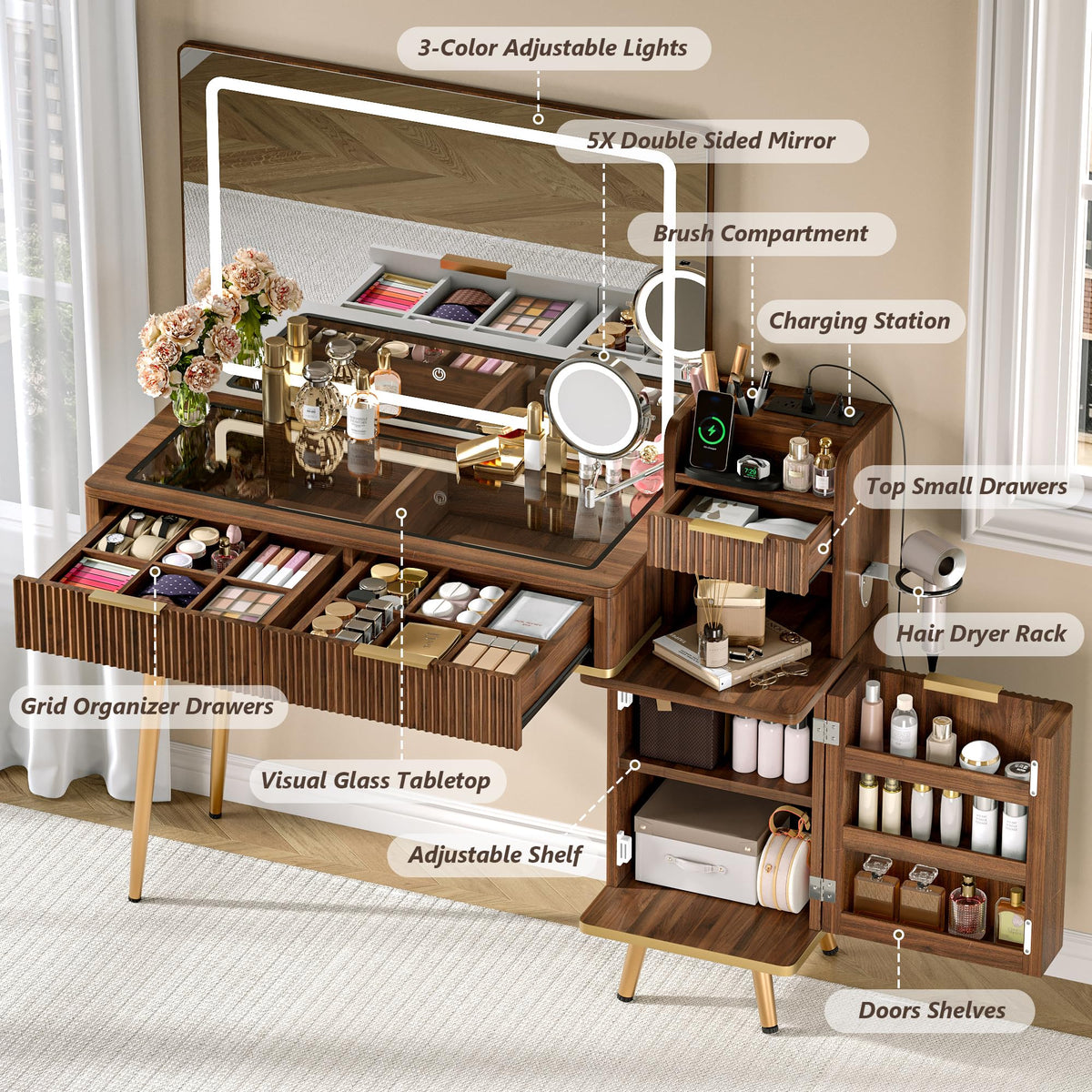 Fluted Glass Top LED Makeup Vanity