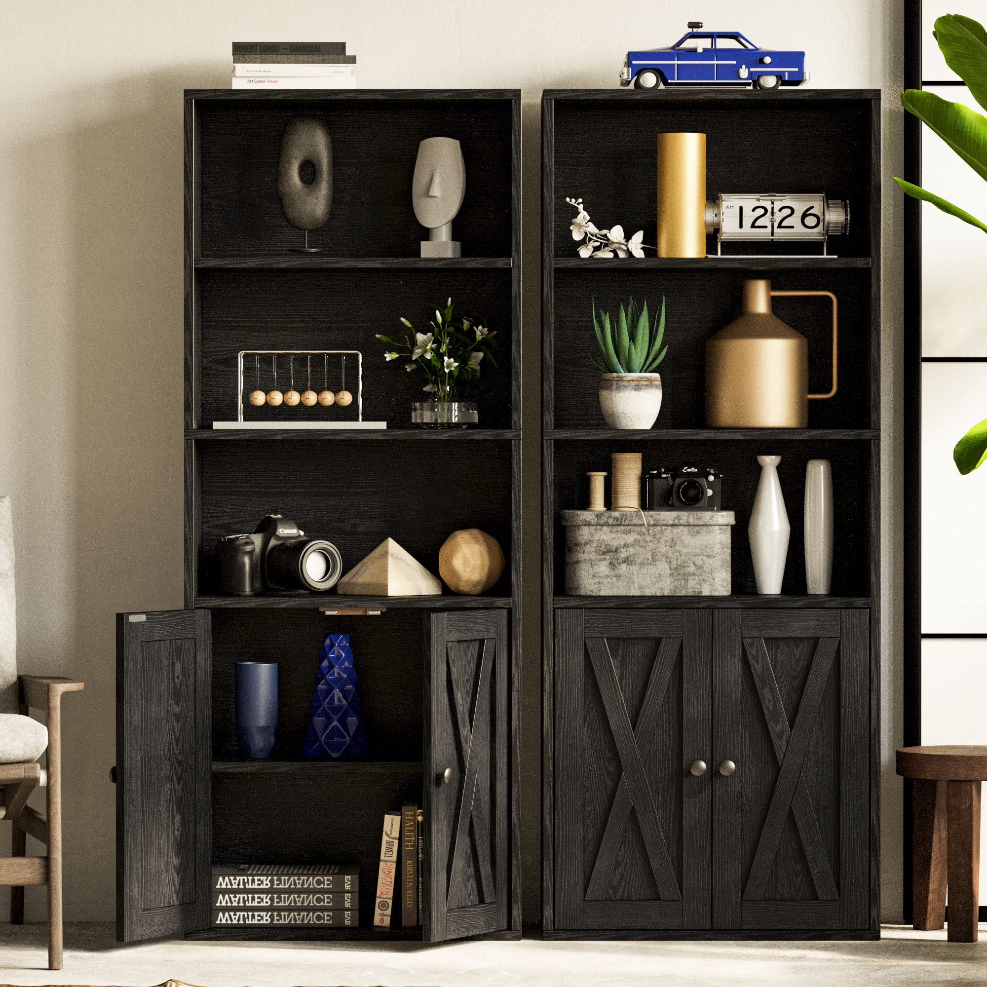 IRONCK Industrial Bookshelves and Bookcases with Doors 11.8 in Depth Floor Standing 5 Shelf Display Storage Shelves Tall Bookcase for Home, Office, Living Room