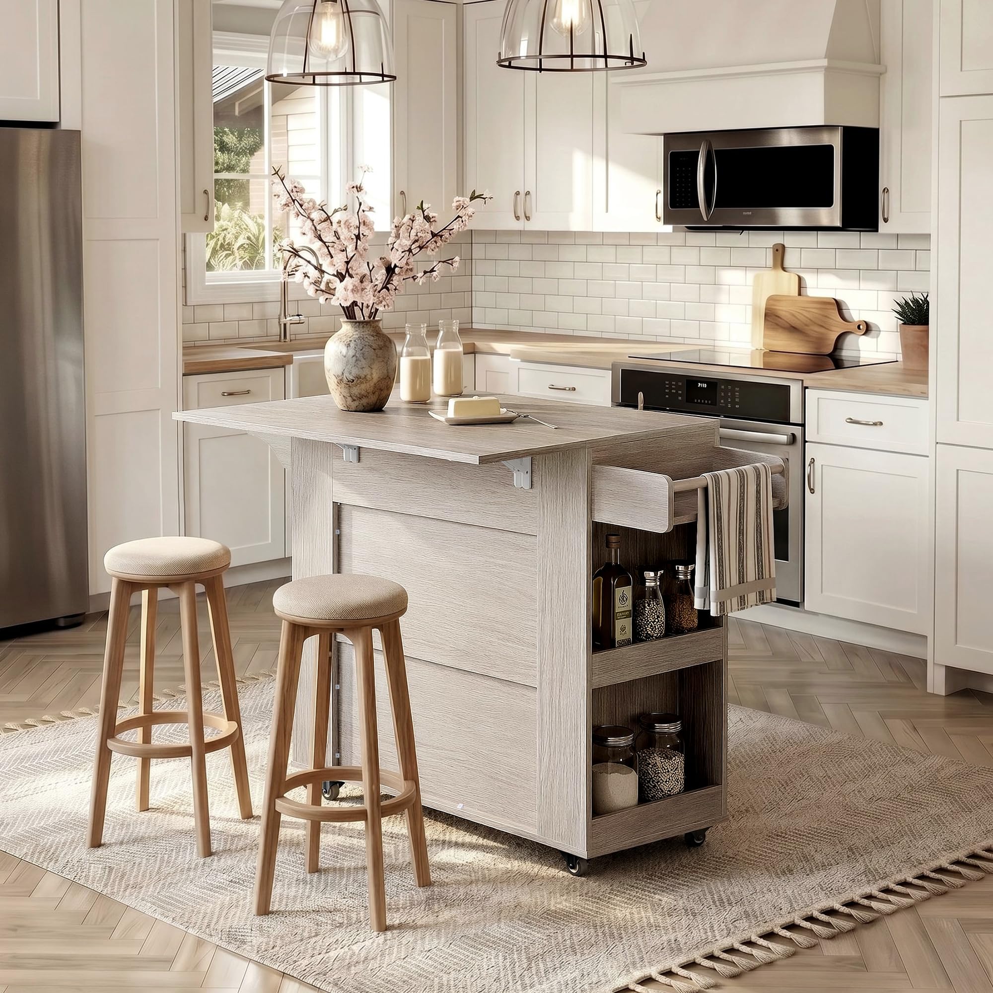ModernMate 51'' Mobile Kitchen Island with Drop Leaf, Rolling Kitchen Cart with Drawrs & Storage Cabinet on Wheels, Portable Island Table with Spice Rack & Towel Rack for Dining Room, White Oak Gray