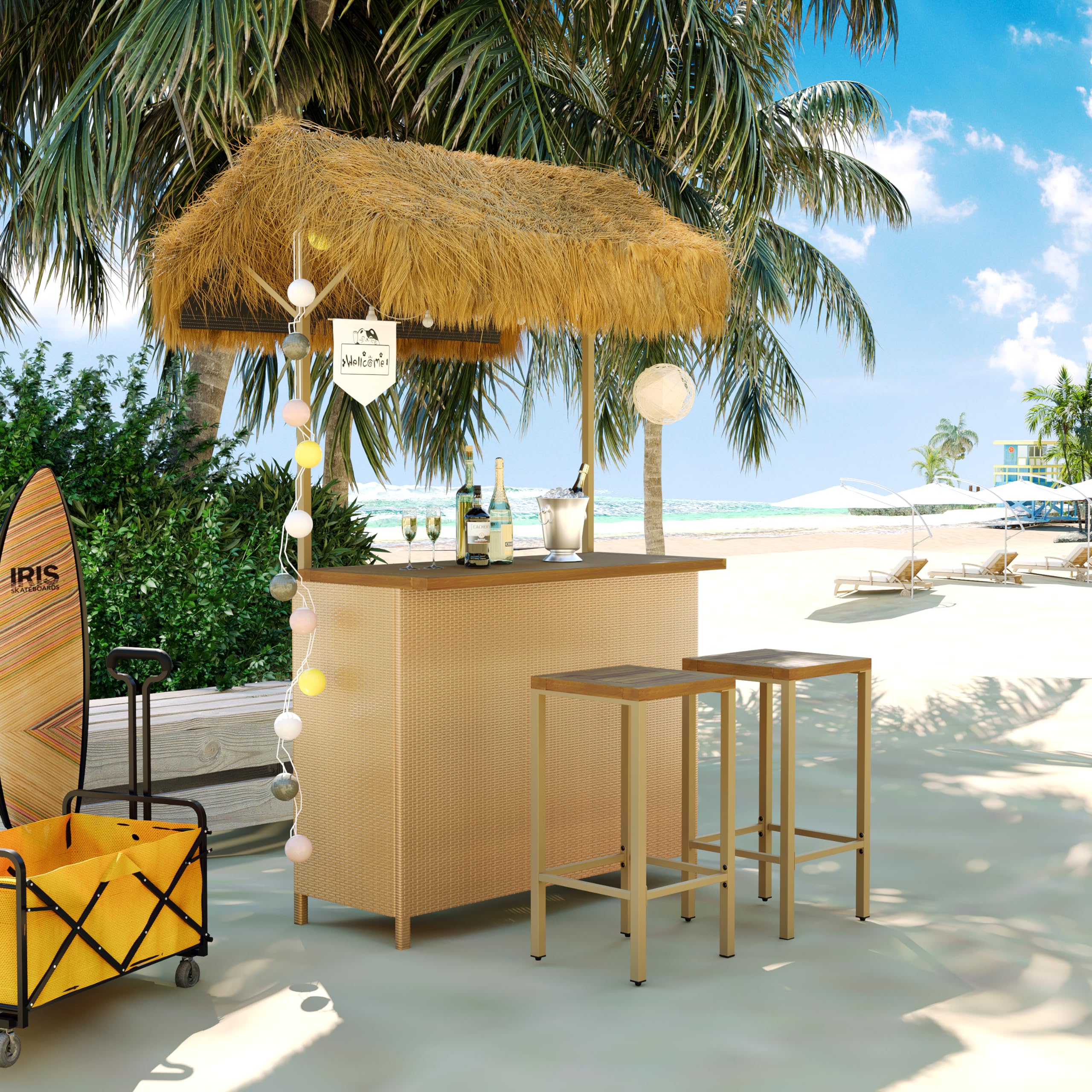 LUMISOL Outdoor Bar Table and Stools, Hawaiian Style Bar Height Patio Set with PE Grass Canopy, Acacia Wood Top and Adjustable Feet, 3 Piece Wicker Island Bar and 2 Stools, Natural
