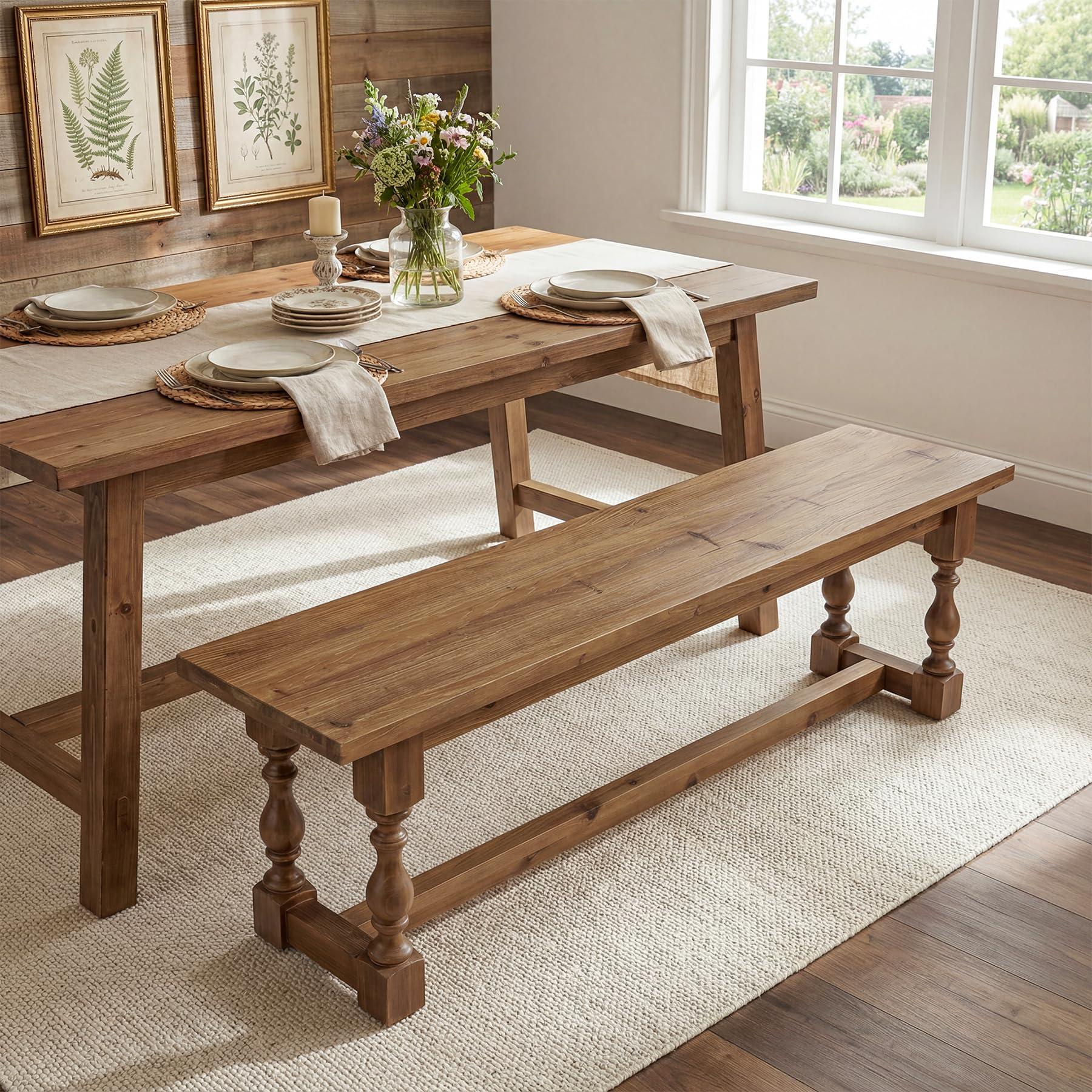 TRIBEWOOD Rustic Solid Wood Entryway Bench, 59.1" Long Farmhouse Dining Seat with Turned Legs, End of Bed Bench for Entryway, Dining Room, Bedroom, Holds Up to 300 lb, Easy Assembly, Natural Brown