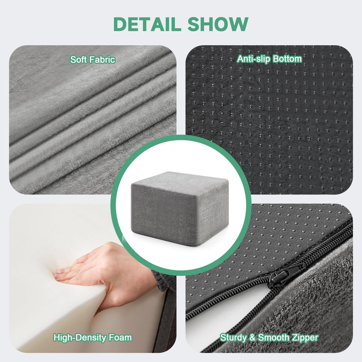 PoteSoar 23.6'' Square Pouf Boneless Ottoman Foot Rest with High-Rebound Solid One-Piece Foam and Removable Washable Cover for Living Room, Gaming, Movie Watching - Grey