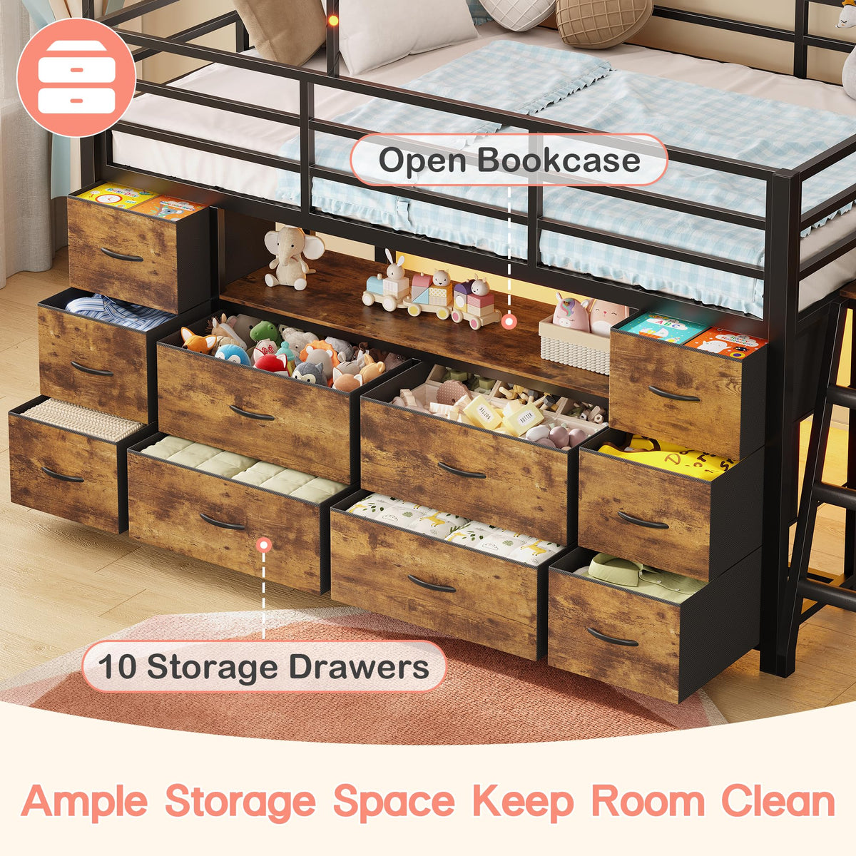 busyaeh Twin Low Loft Bed with Climbing Net and 10 Drawers, Rustic Brown