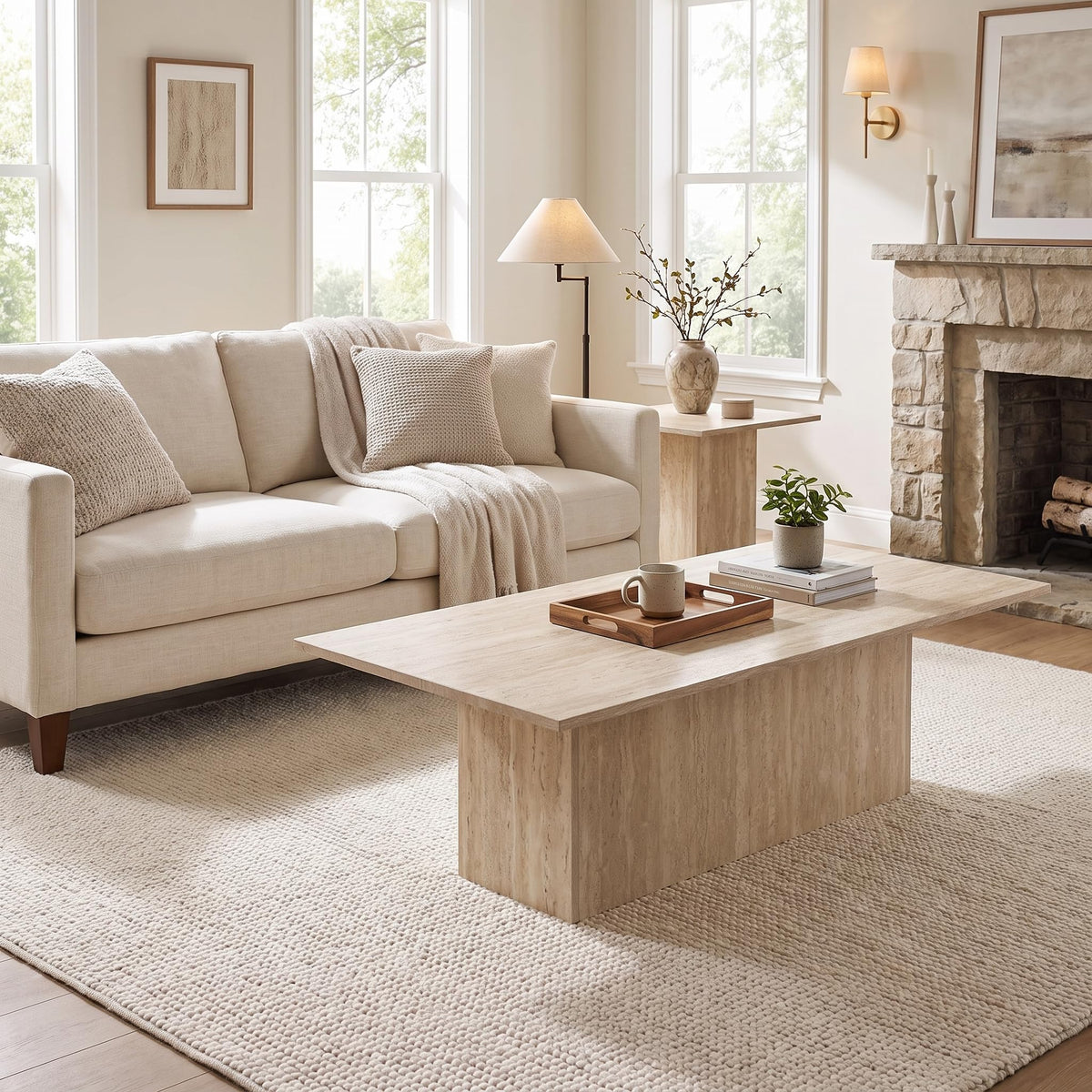 Faux Travertine Coffee & End Table Set