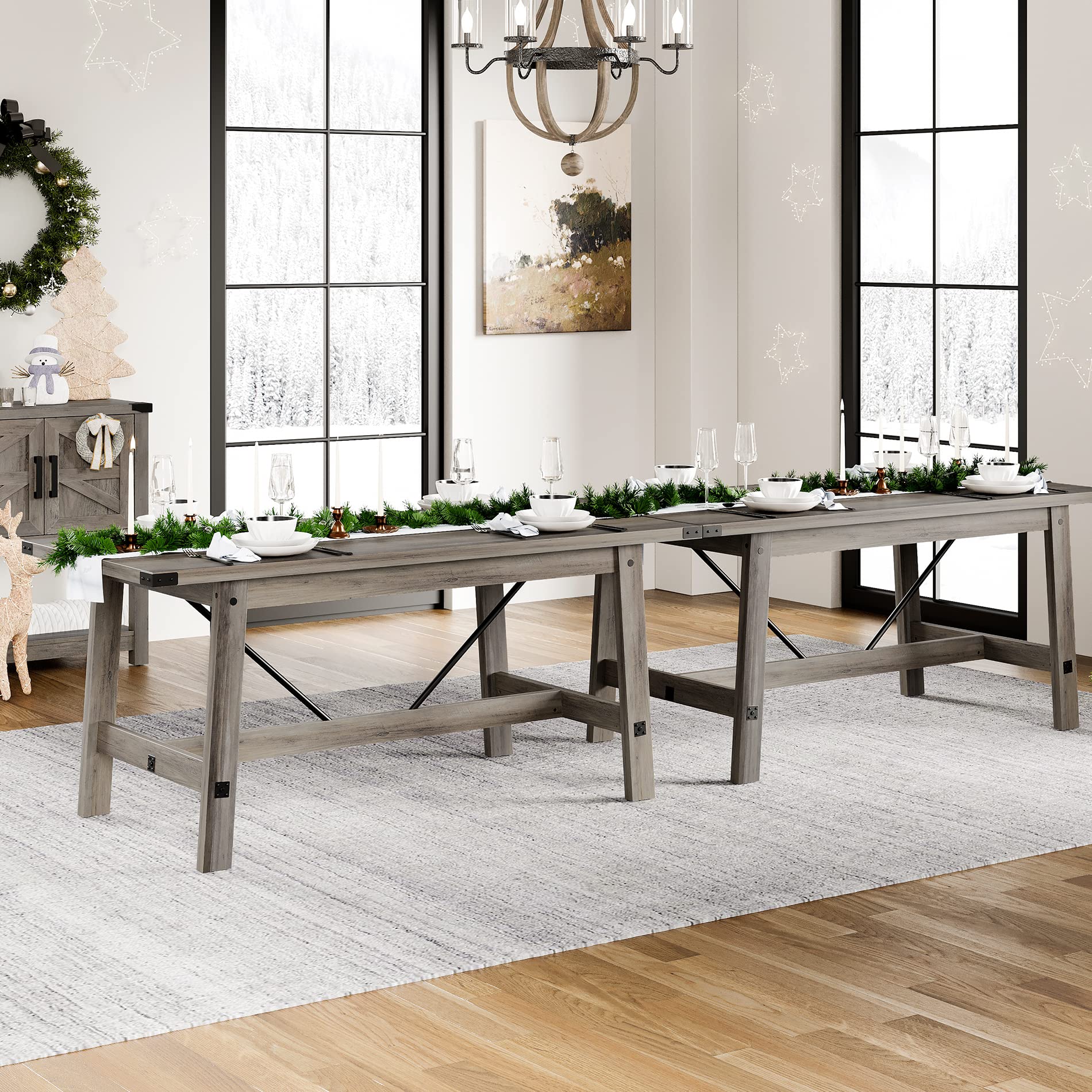 WAMPAT Set of 2 Farmhouse Dining Tables for 8-12 Persons with Heavy Duty Wooden Legs, 135.4 Inch Rectangular Modern Wood Kitchen Table for Dining Room & Living Room, Rustic Grey