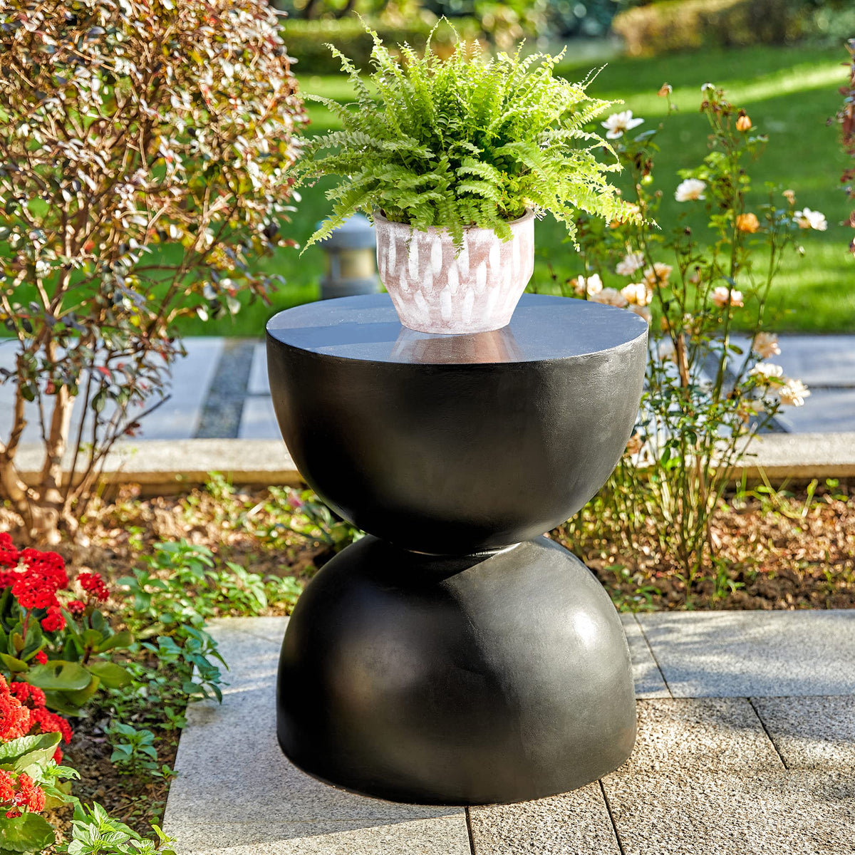 Glitzhome Outdoor Side Table, Round Accent End Table, Lightweight Hourglass Faux Terrazzo Decorative Garden Stool, 17.75" H Black Planter Stand for Patio Porch Balcony Living Room