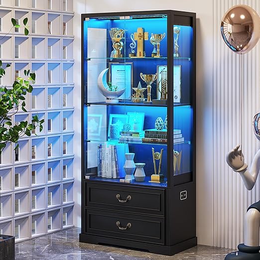 4-Tier Glass Display Cabinet with 2 Drawers, Tri-Color LED Sensor Lights & Pop-Up Door – 67"