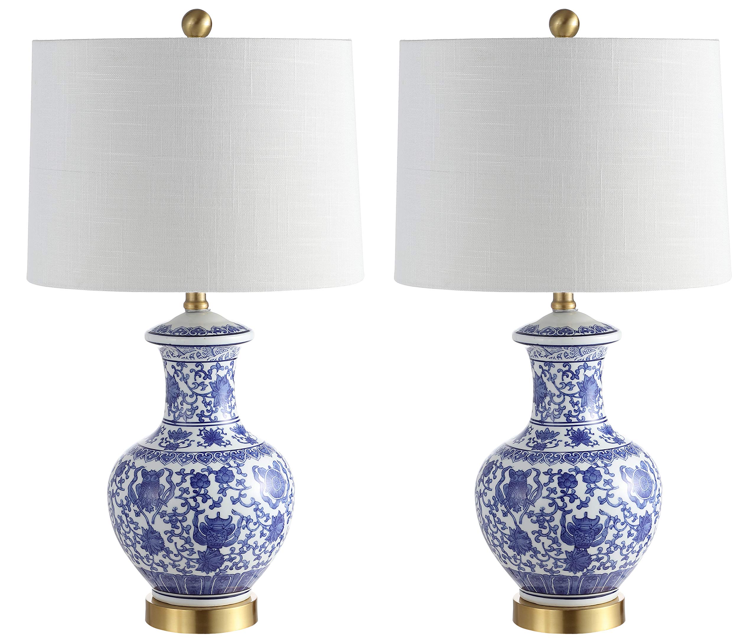 JONATHAN Y 25.25" Blue/White Ceramic Ginger Jar Table Lamp Set of 2, Traditional Brass Gold Base for Living Room Bedroom, White Linen Drum Shade, LED Bulbs Included JYL1072A-SET2