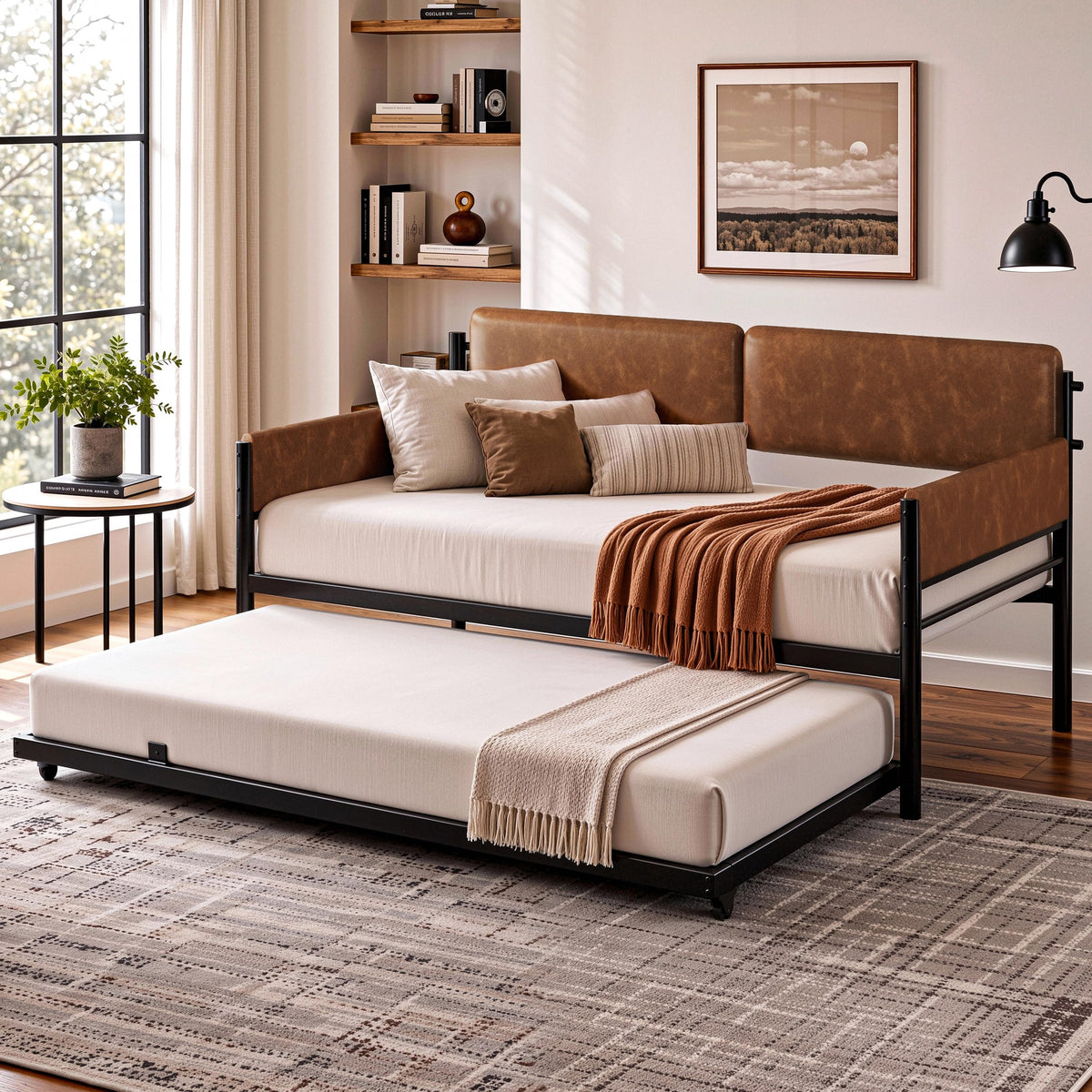 LIKIMIO Twin Upholstered Daybed with Pull Up Trundle, Brown