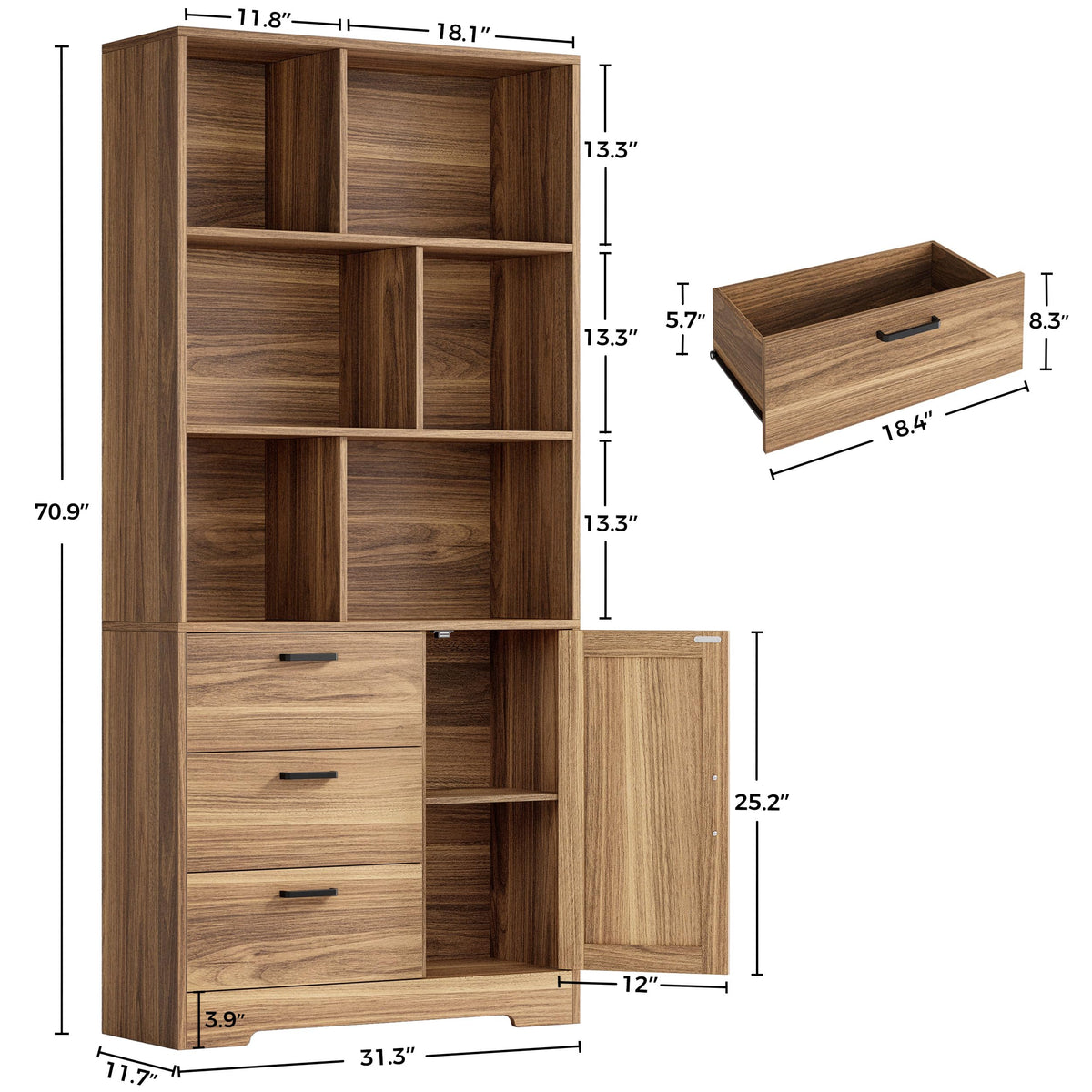 IRONCK Book Shelf 31.3 Inch Wide, Bookshelf with Doors and 3 Drawers, Brown