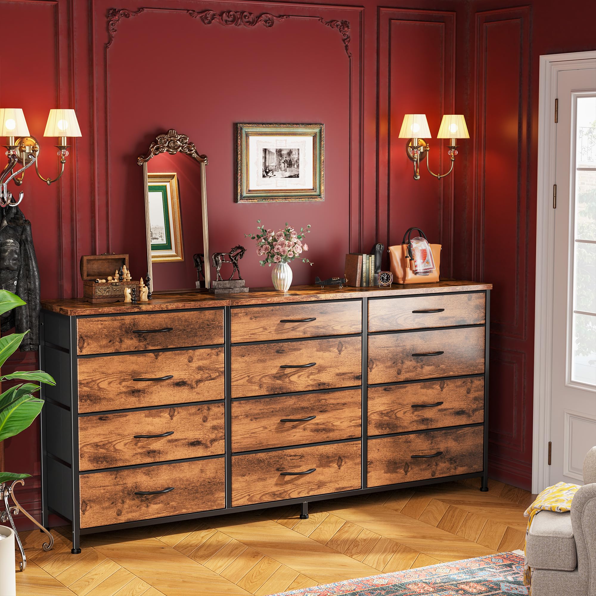 Romorgniz 55" Dresser for Bedroom with 12 Fabric Drawers, TV Stand for 60 inch TV Dressers & Chests of Drawers Large Organizer, Living Room, Metal Frame, Wood Top, Rustic Brown