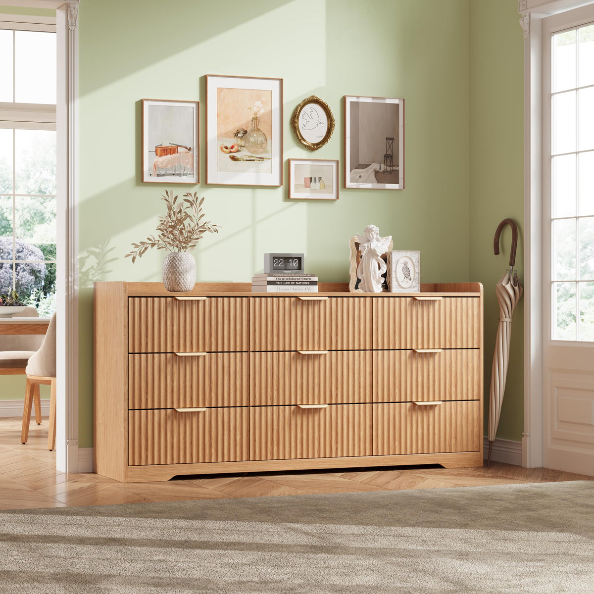 Furnulem Wooden Fluted Bedroom Dresser, 57.87" W TV Stand with Metal Handle
