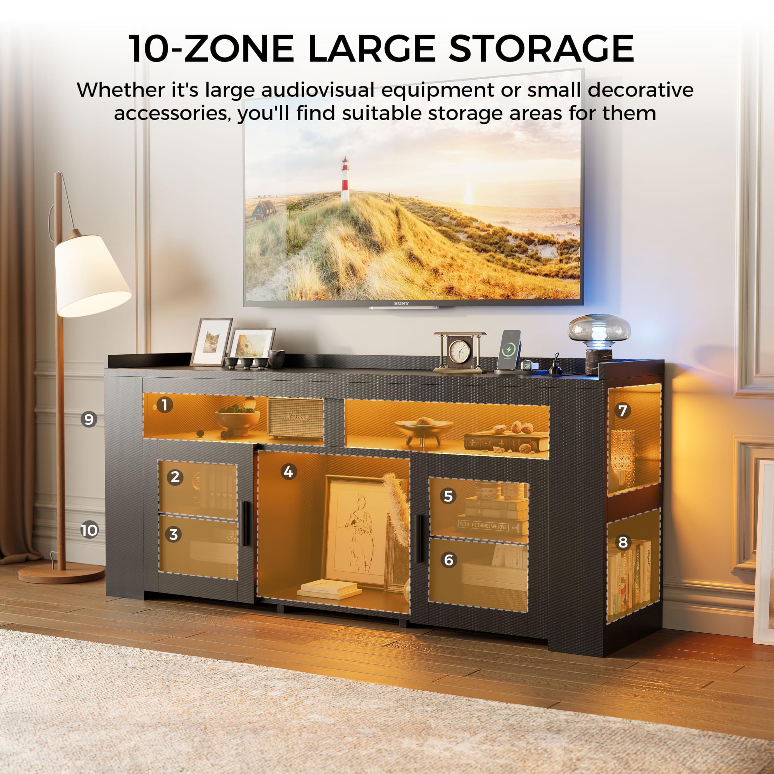 TV Stand with Charging Station & LED Lights