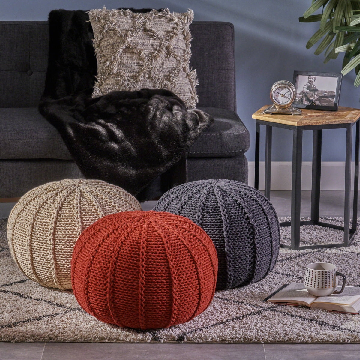 Christopher Knight Home Agatha Knitted Cotton Pouf, Beige Small