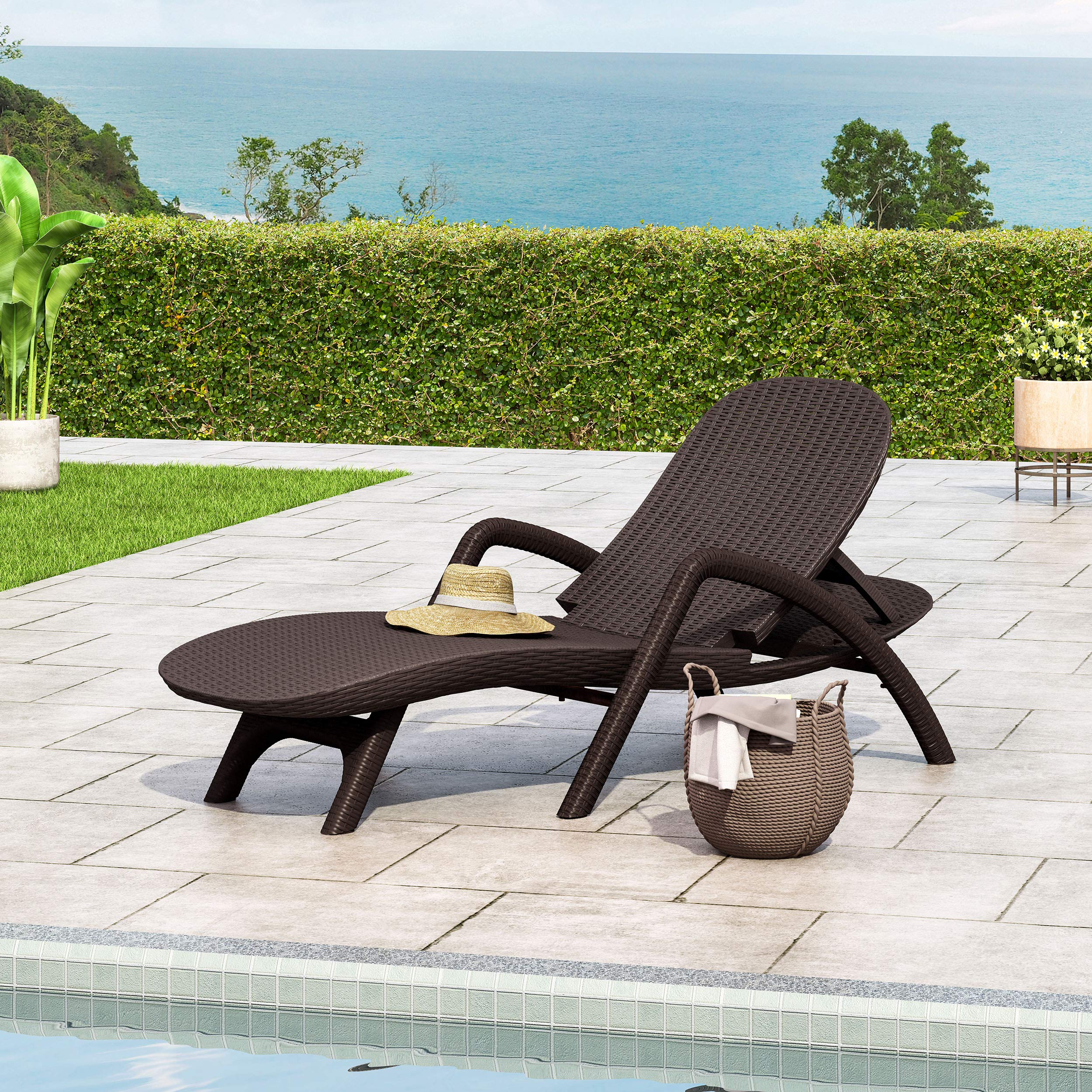 Outdoor Faux Wicker Chaise Lounge with Adjustable Backrest